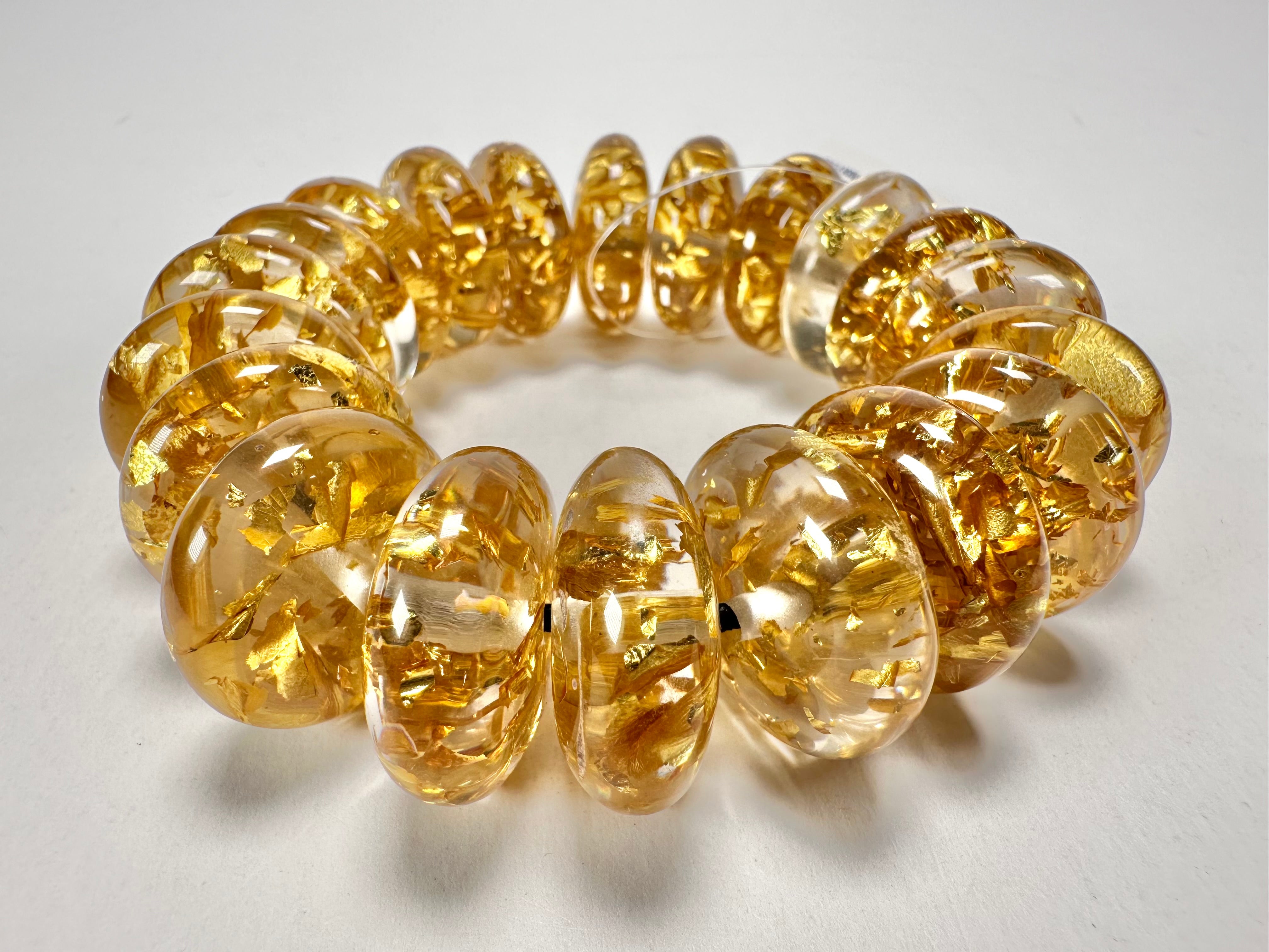 Jackie Brazil "Ana" Gold Flakes Elasticated Wheels Resin Bracelet ( B0910 )