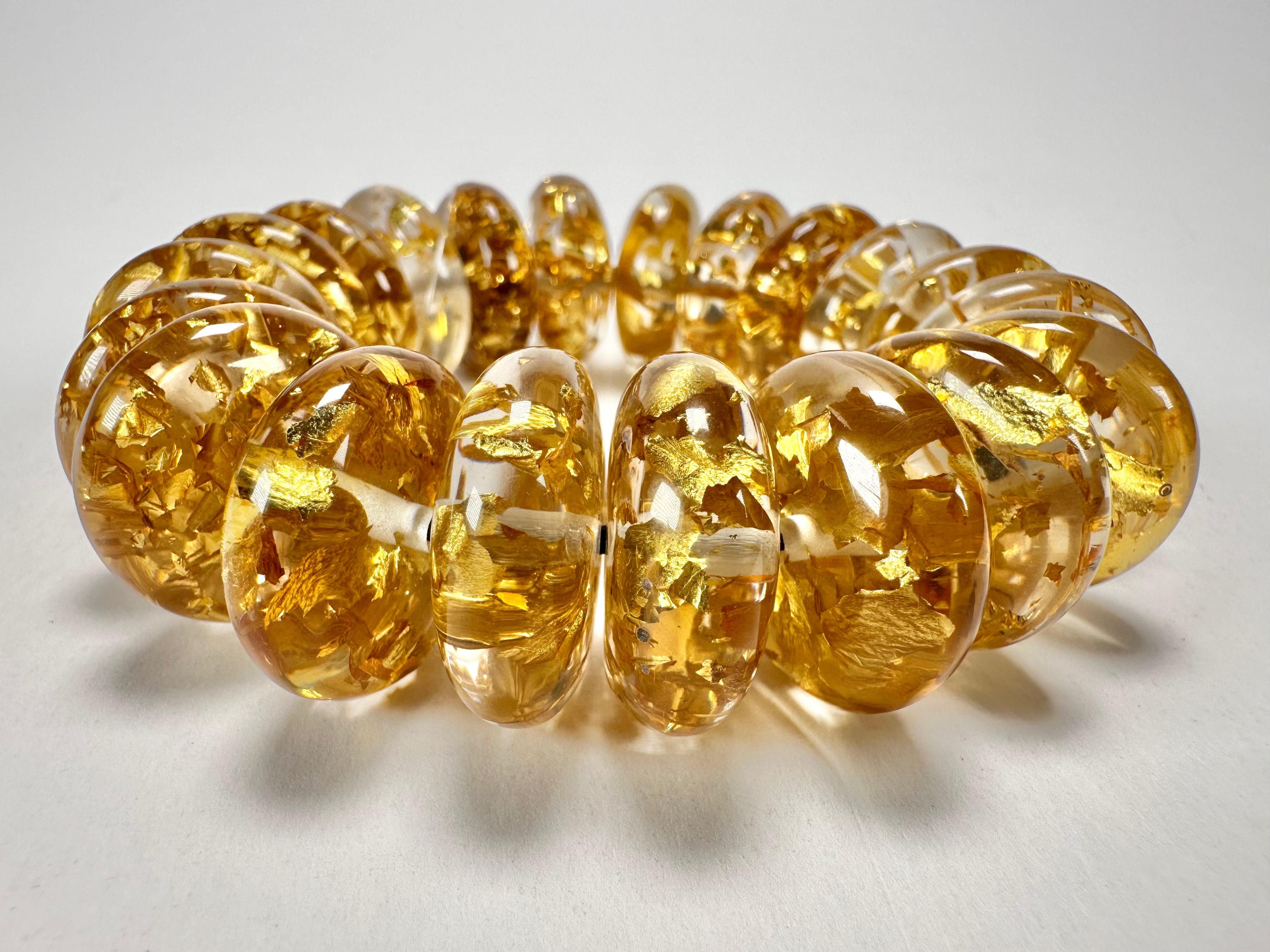 Jackie Brazil "Ana" Gold Flakes Elasticated Wheels Resin Bracelet ( B0910 )