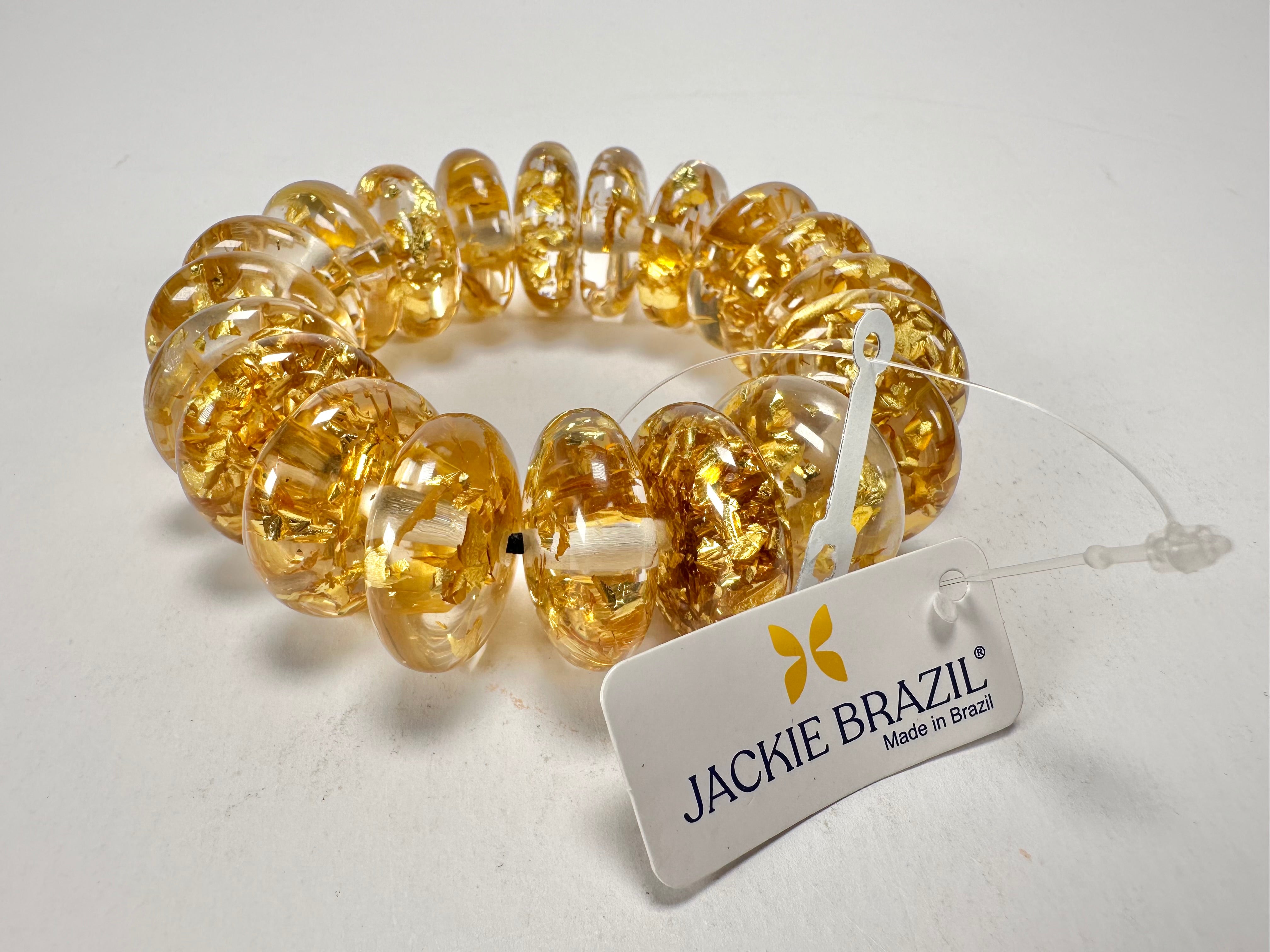 Jackie Brazil "Ana" Gold Flakes Elasticated Wheels Resin Bracelet ( B0910 )