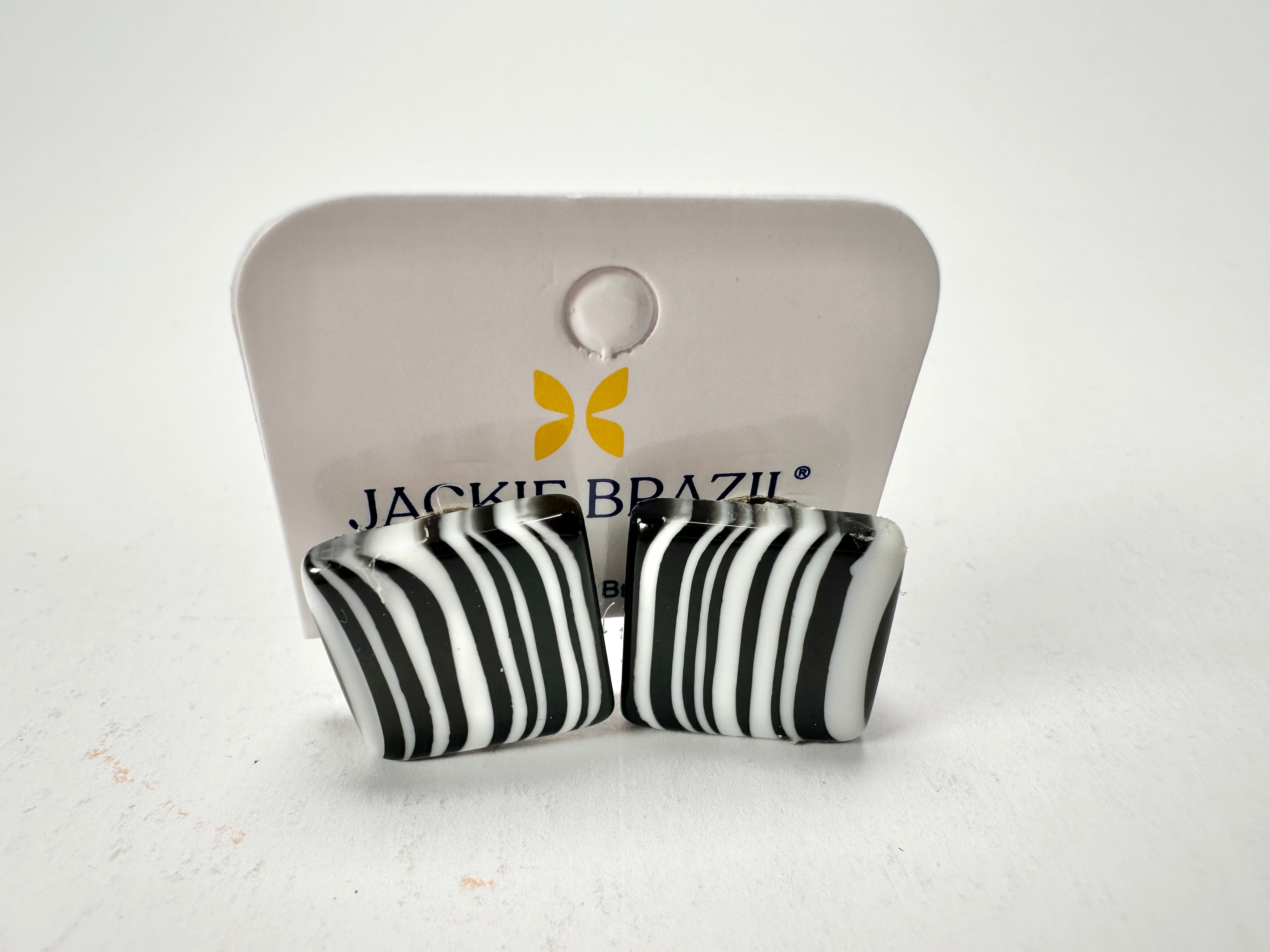 Jackie Brazil "Liquorice" Black & White Small Square Resin Clip On Earrings ( E0074 )