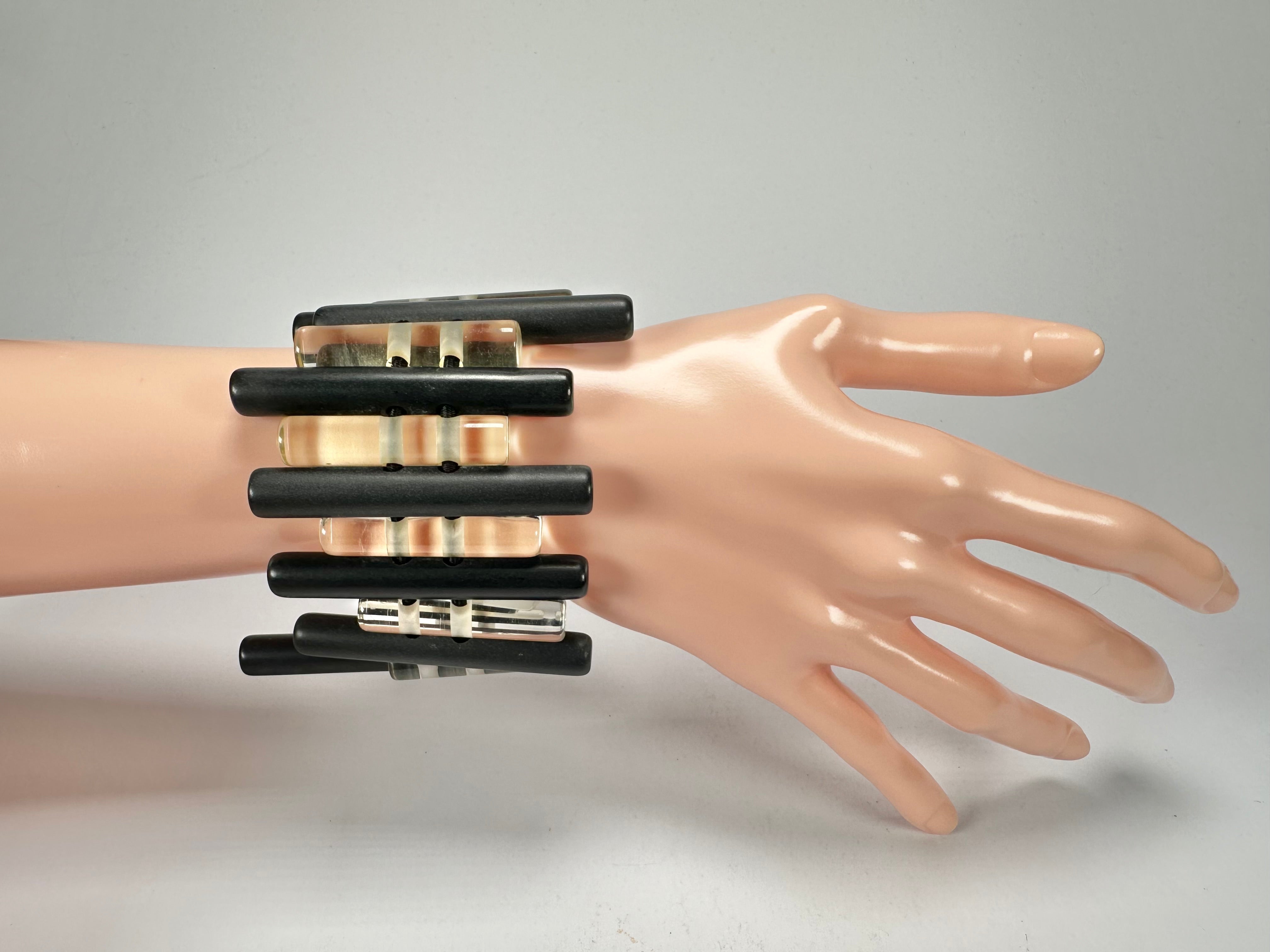 Jackie Brazil "Pipas" Thin Mix  Black & Transparent Cylinders Resin Bracelet ( B2198 )