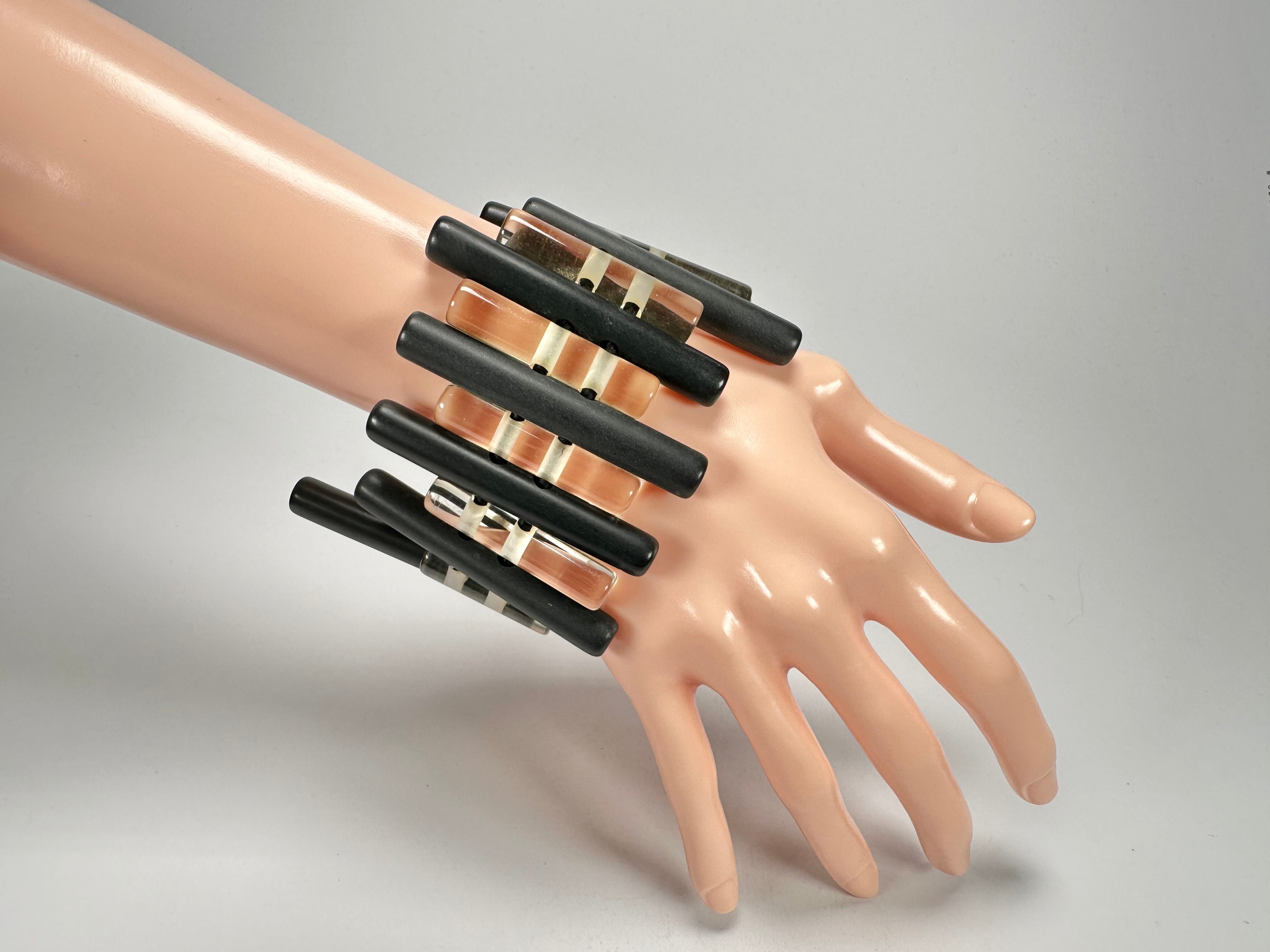 Jackie Brazil "Pipas" Thin Mix  Black & Transparent Cylinders Resin Bracelet ( B2198 )