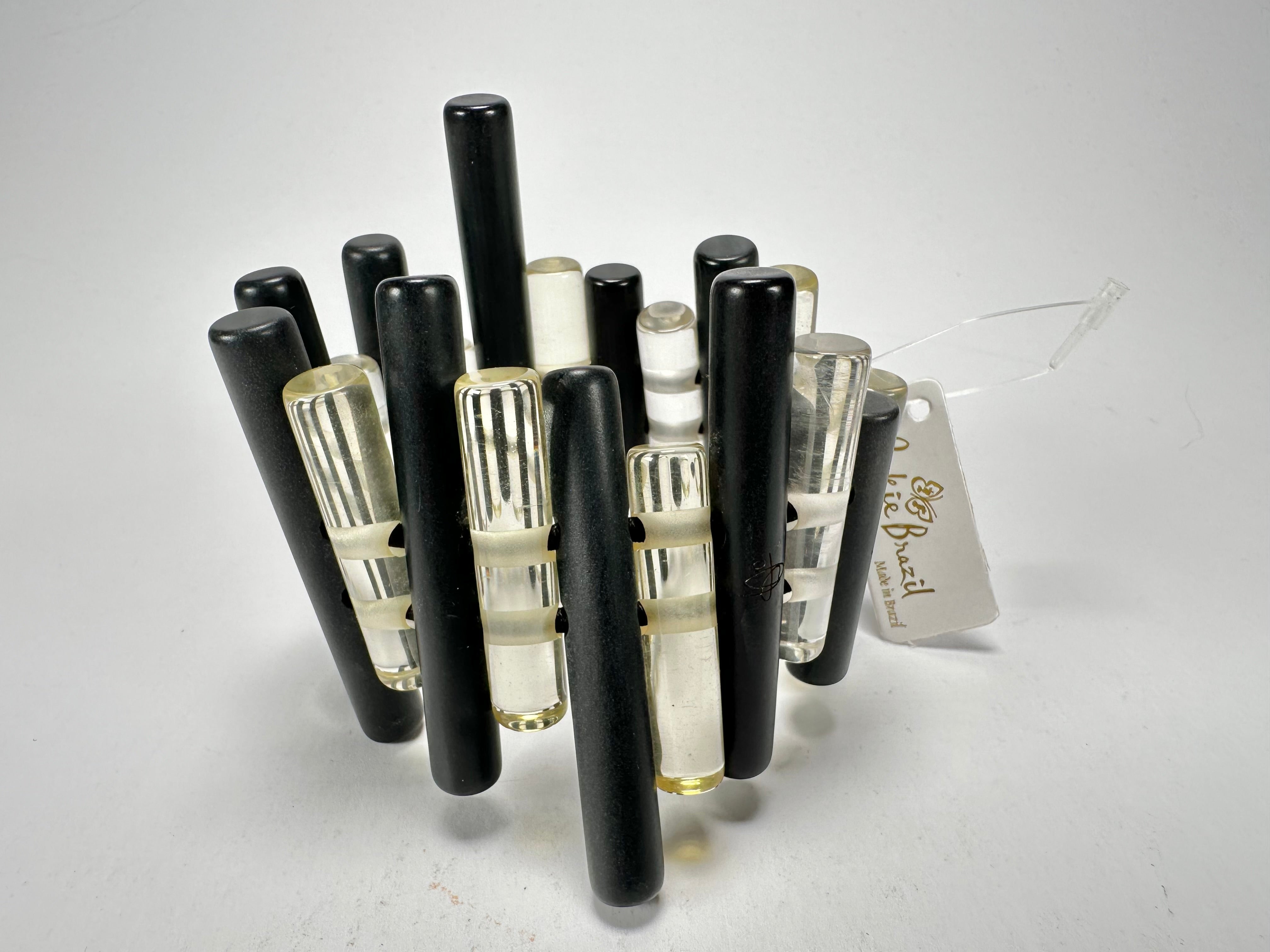 Jackie Brazil "Pipas" Thin Mix  Black & Transparent Cylinders Resin Bracelet ( B2198 )