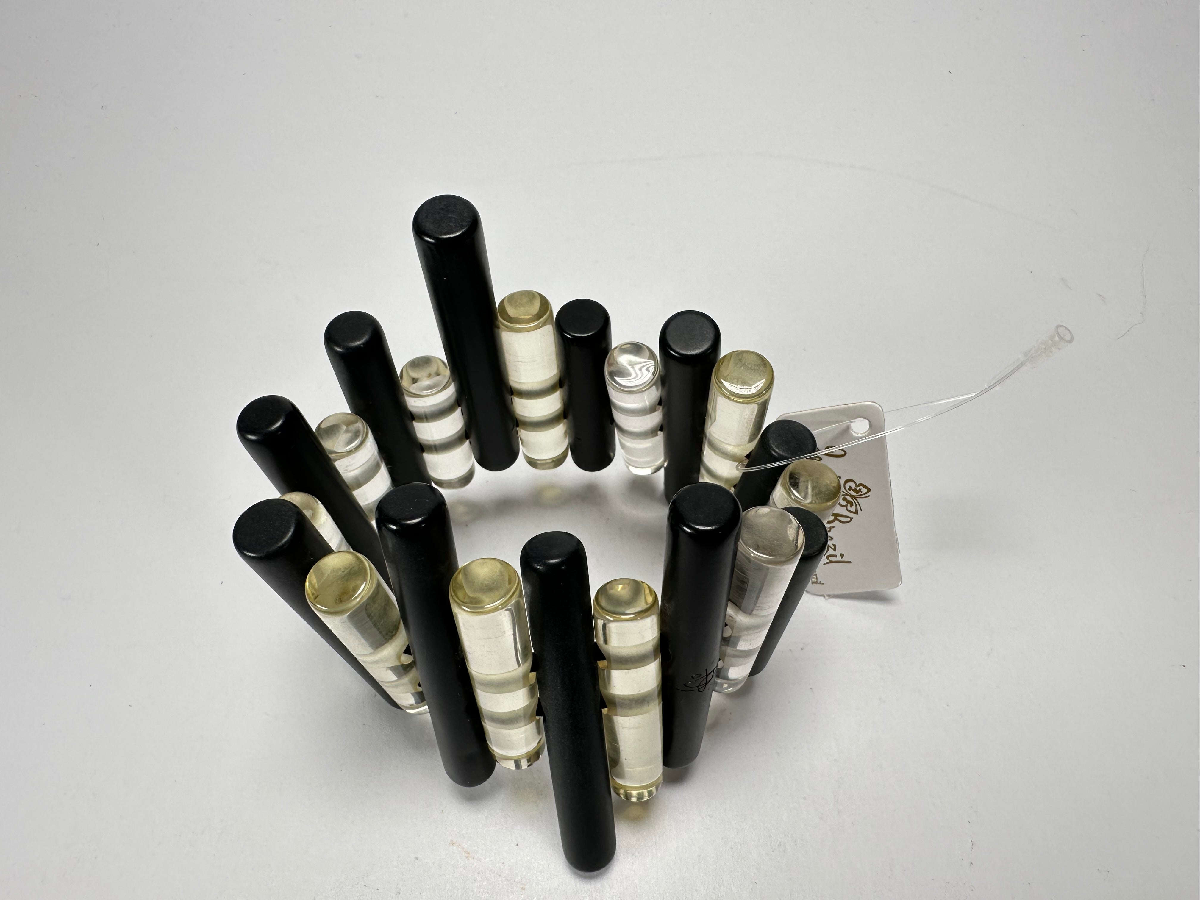 Jackie Brazil "Pipas" Thin Mix  Black & Transparent Cylinders Resin Bracelet ( B2198 )