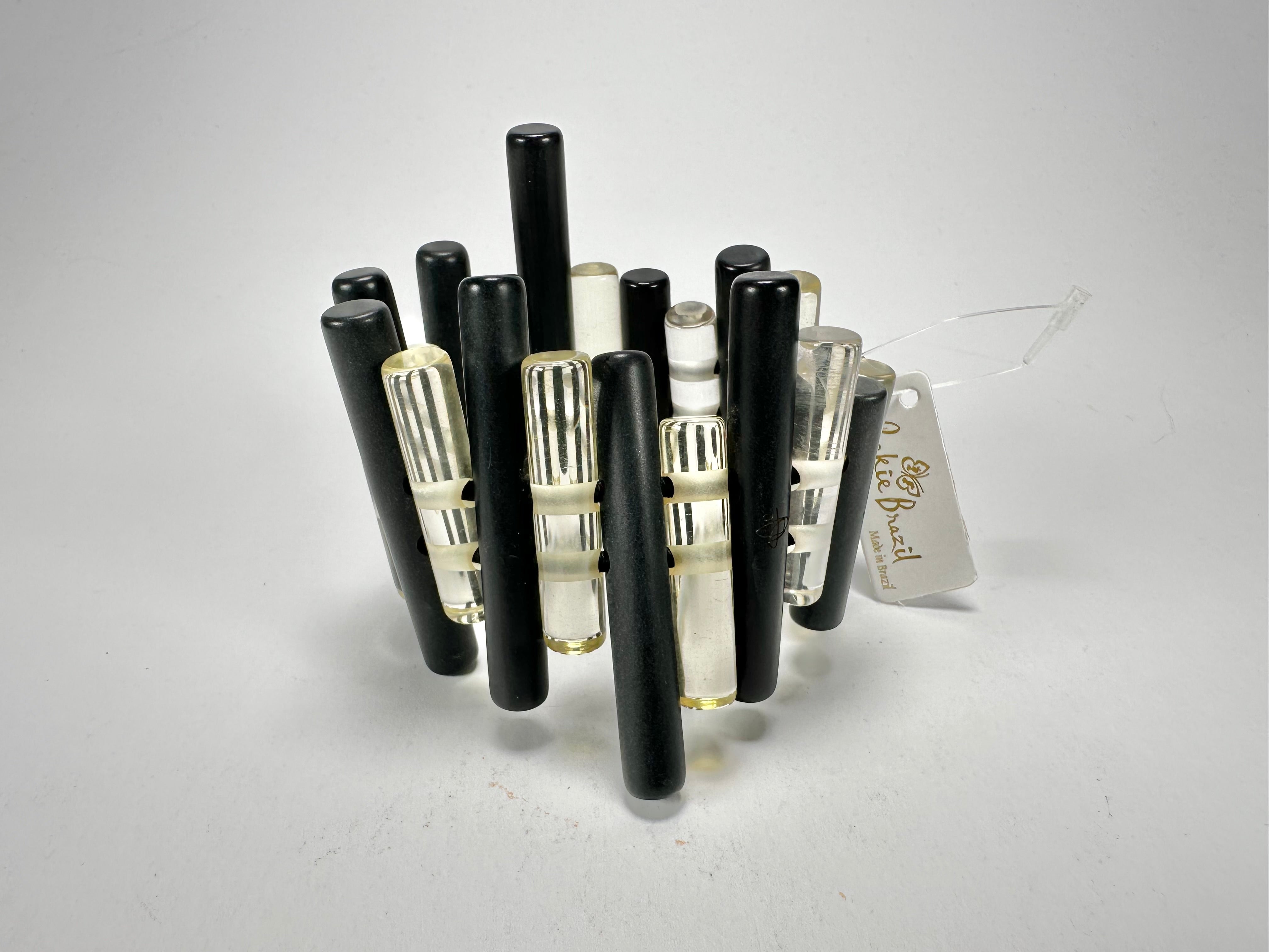 Jackie Brazil "Pipas" Thin Mix  Black & Transparent Cylinders Resin Bracelet ( B2198 )