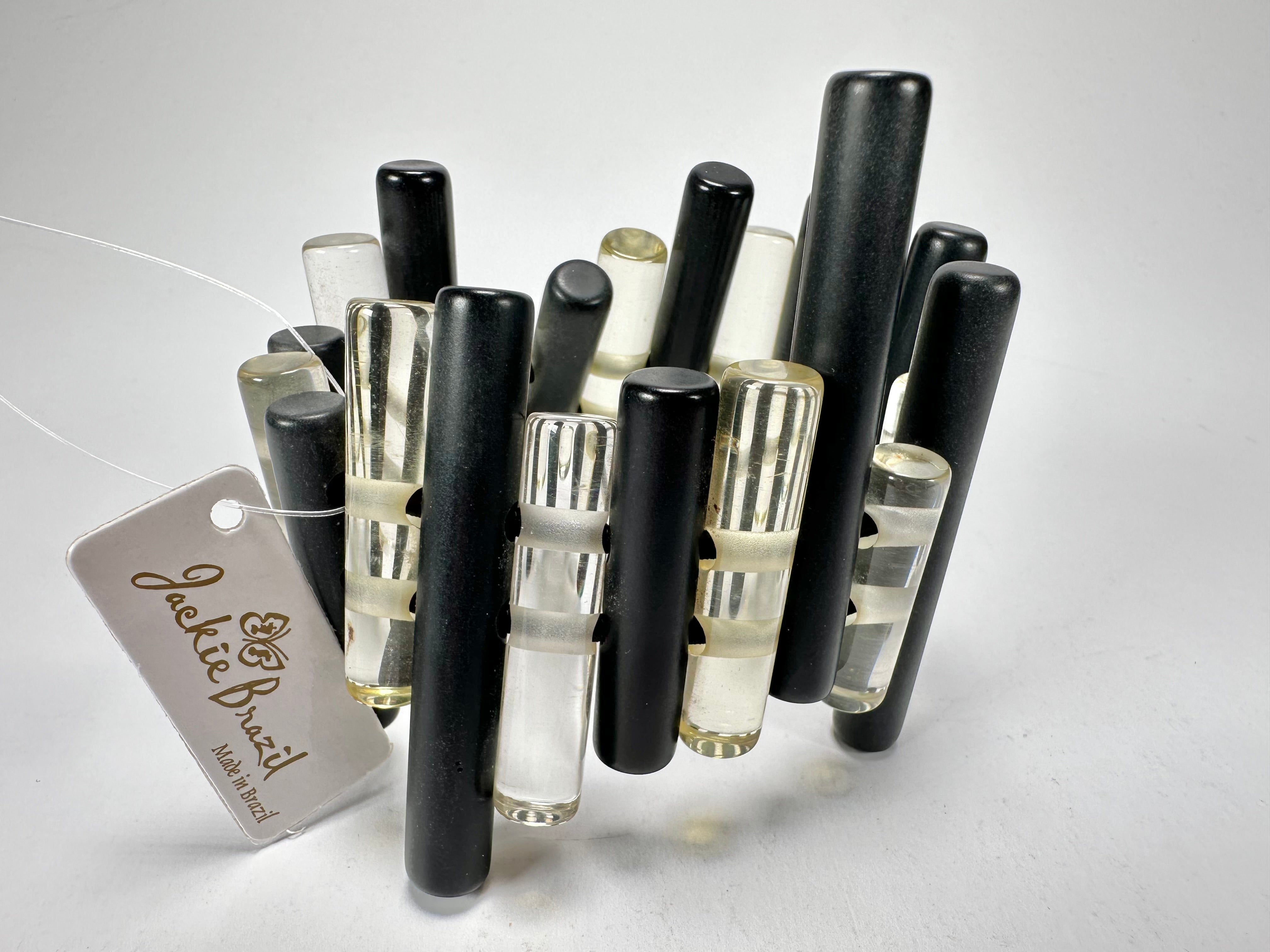 Jackie Brazil "Pipas" Thin Mix  Black & Transparent Cylinders Resin Bracelet ( B2198 )