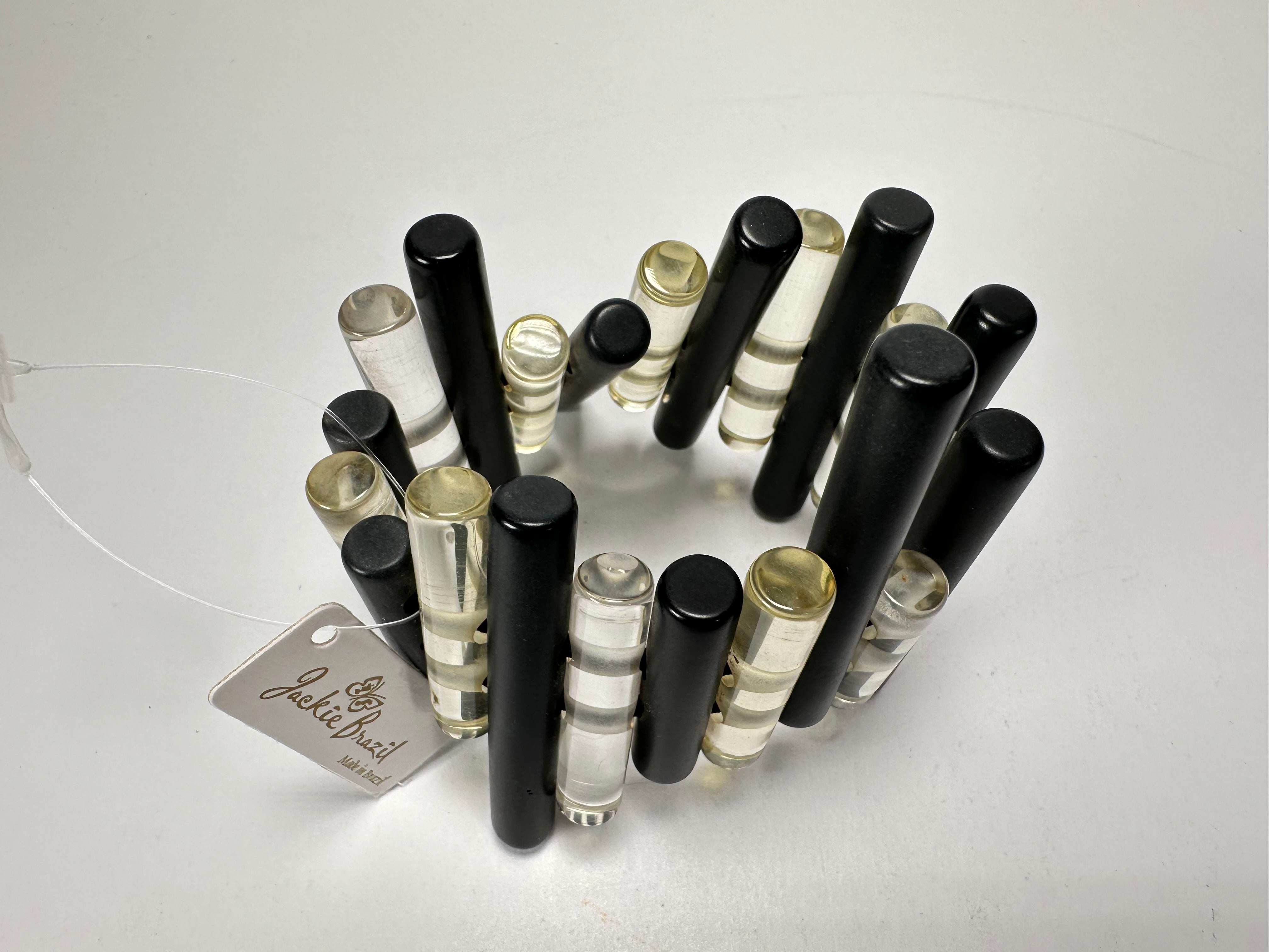 Jackie Brazil "Pipas" Thin Mix  Black & Transparent Cylinders Resin Bracelet ( B2198 )