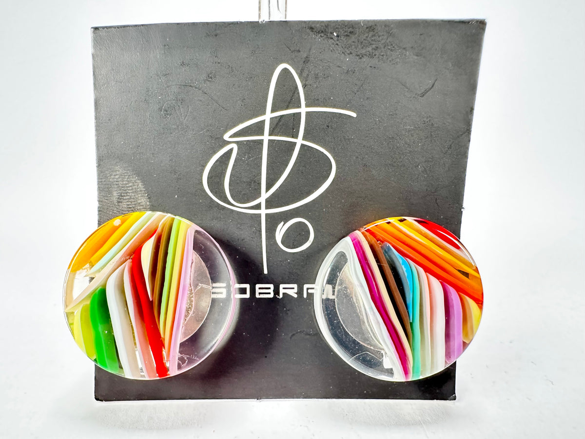 Jackie Brazil "Ilussion Disk" Clear Swirls Round Clip On Resin Earrings ( E3496 )