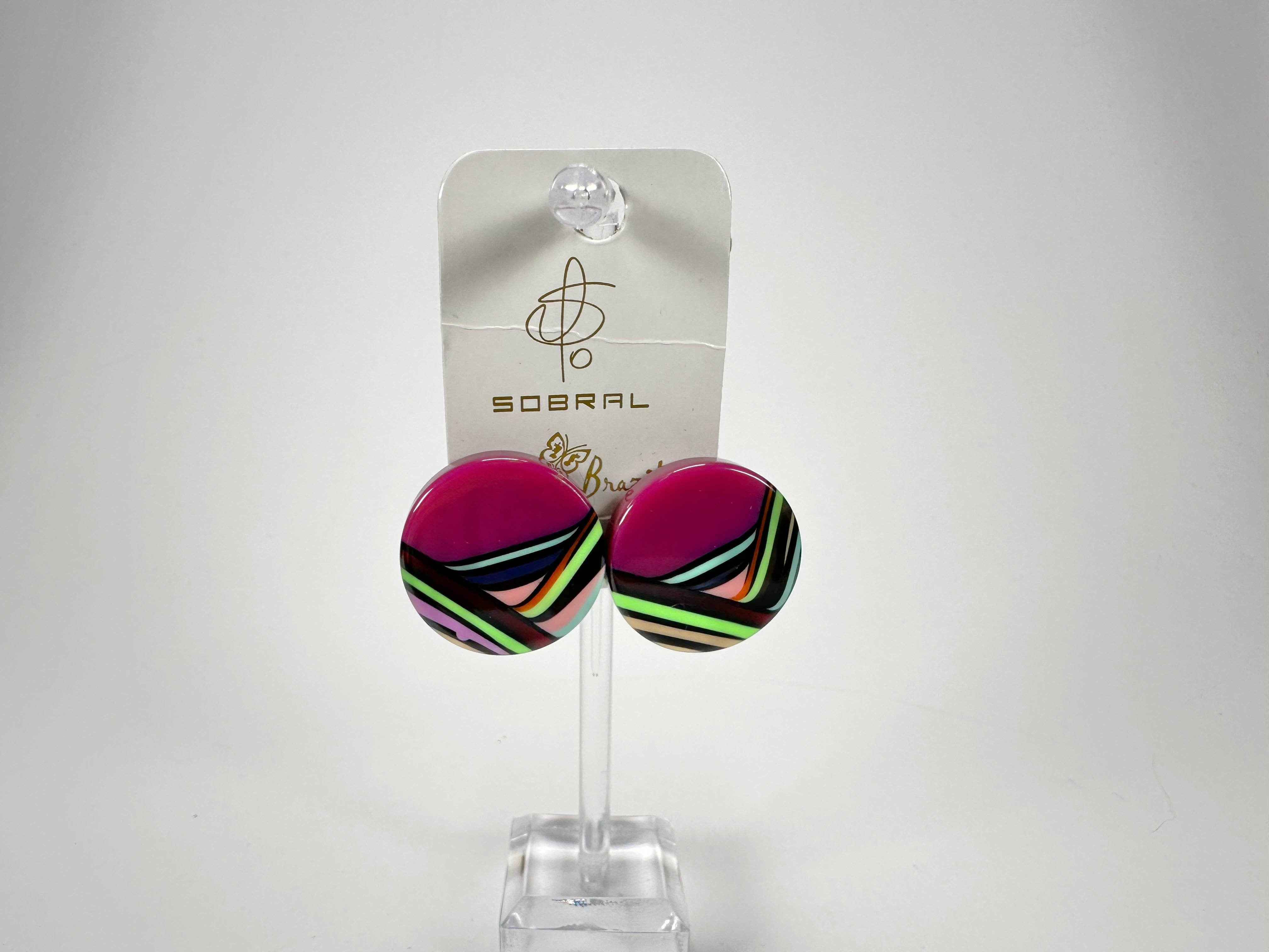 Jackie Brazil "Aida" Purple Swirls Round Clip On Resin Earrings ( E3174 )