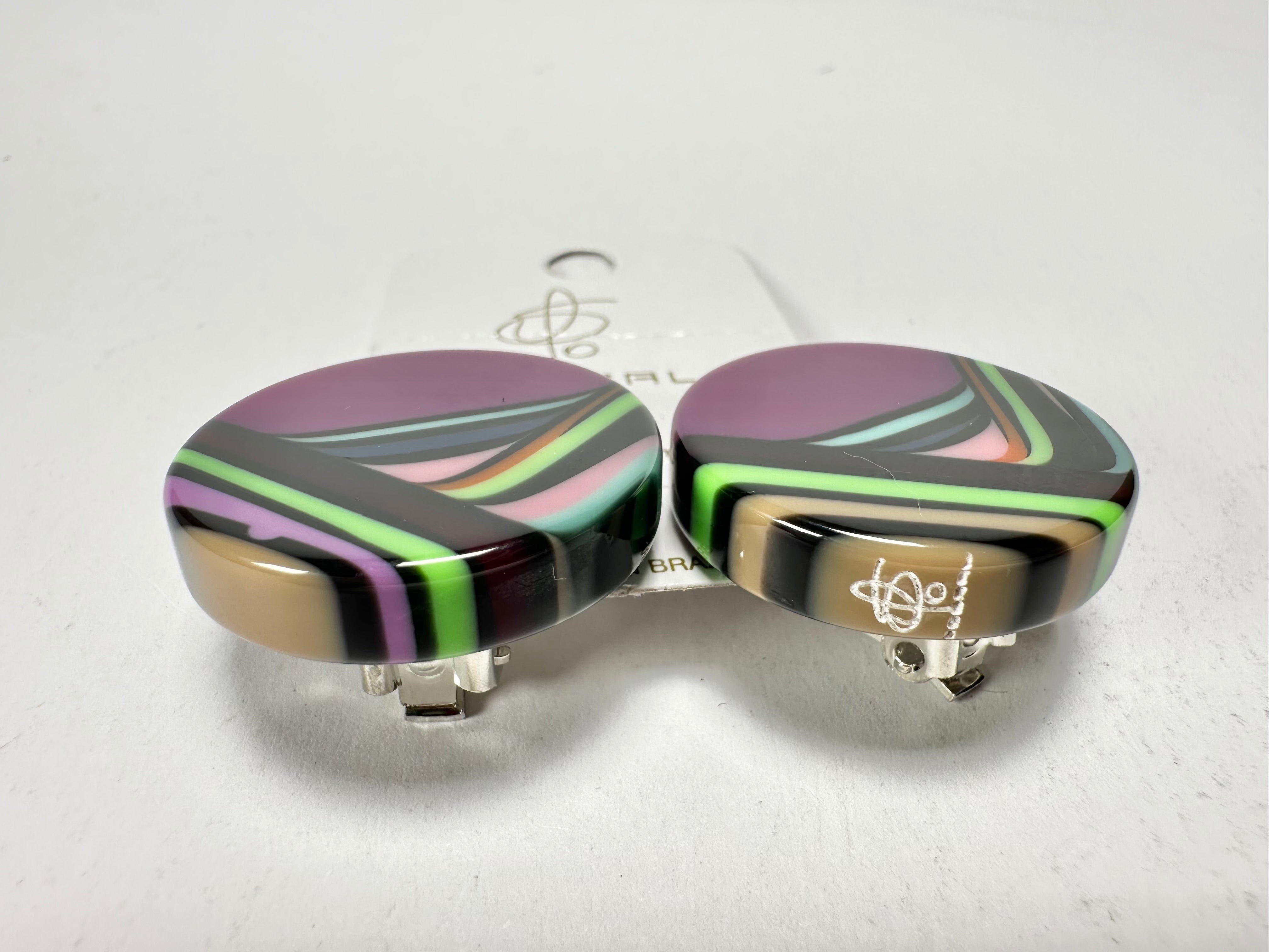 Jackie Brazil "Aida" Purple Swirls Round Clip On Resin Earrings ( E3174 )