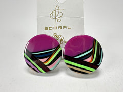 Jackie Brazil "Aida" Purple Swirls Round Clip On Resin Earrings ( E3174 )