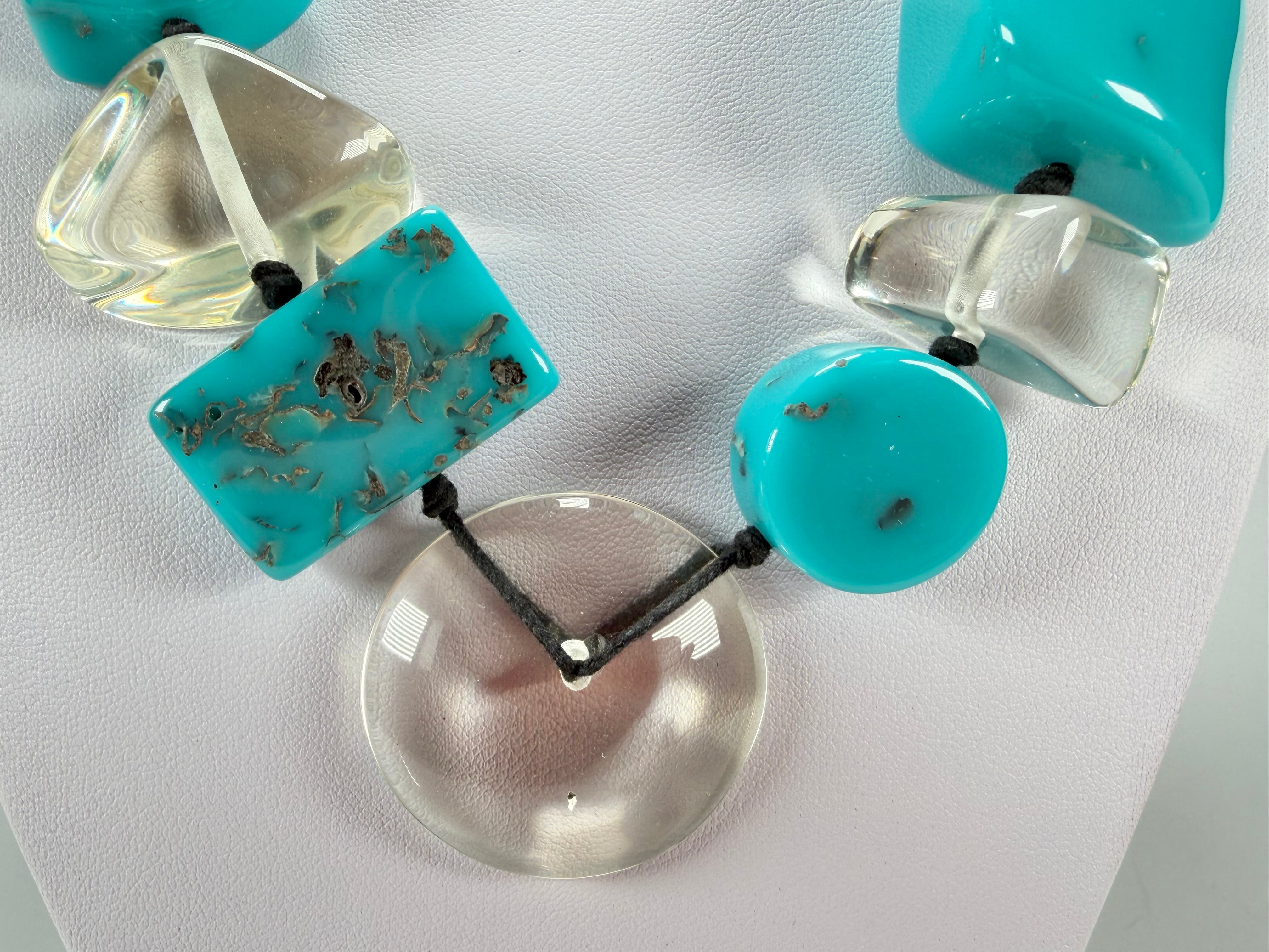 Jackie Brazil "Indiana" Turquoise & Transparent Multi-Bead Medium Resin 70cm Necklace ( N0033 )