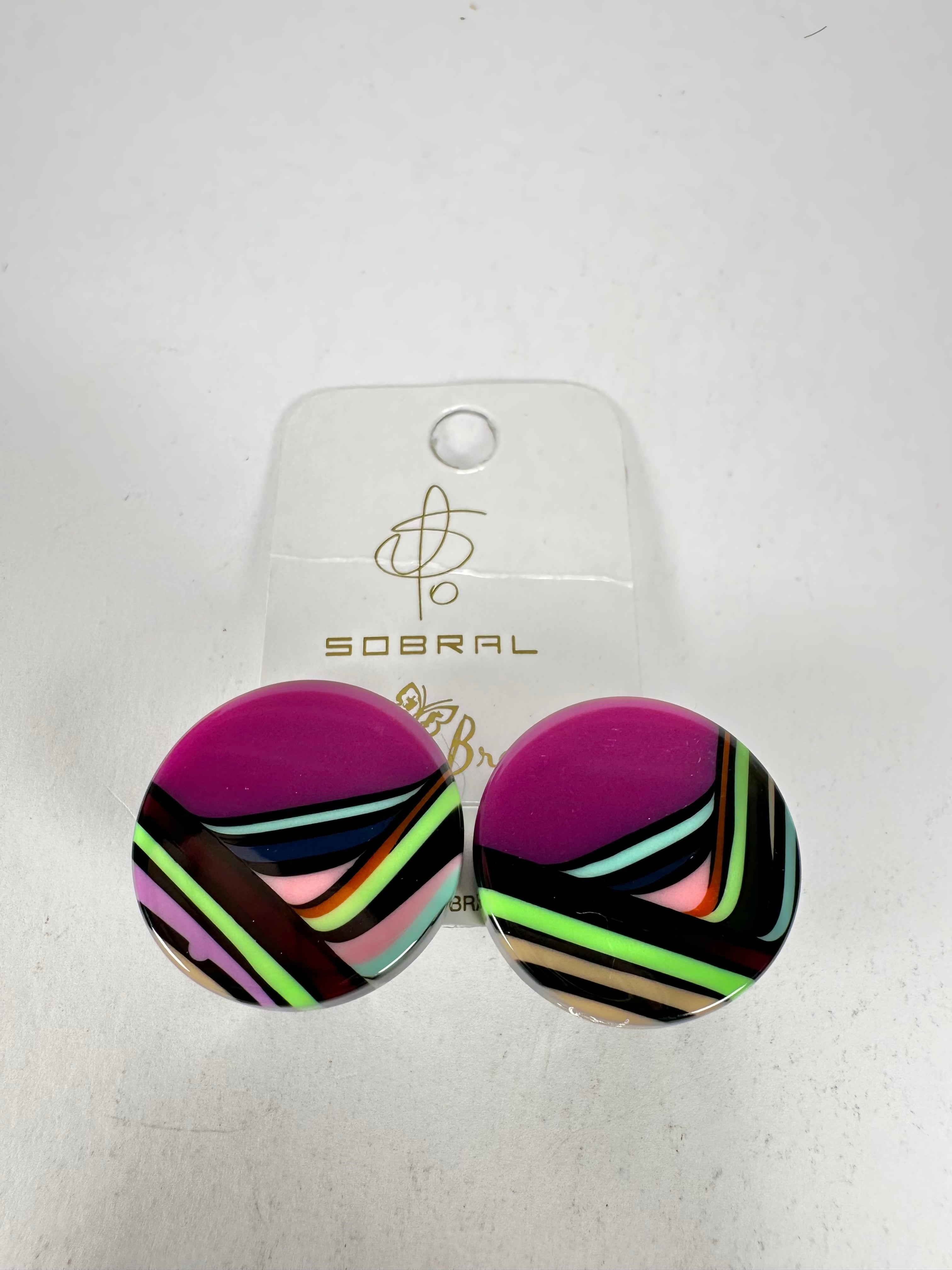 Jackie Brazil "Aida" Purple Swirls Round Clip On Resin Earrings ( E3174 )