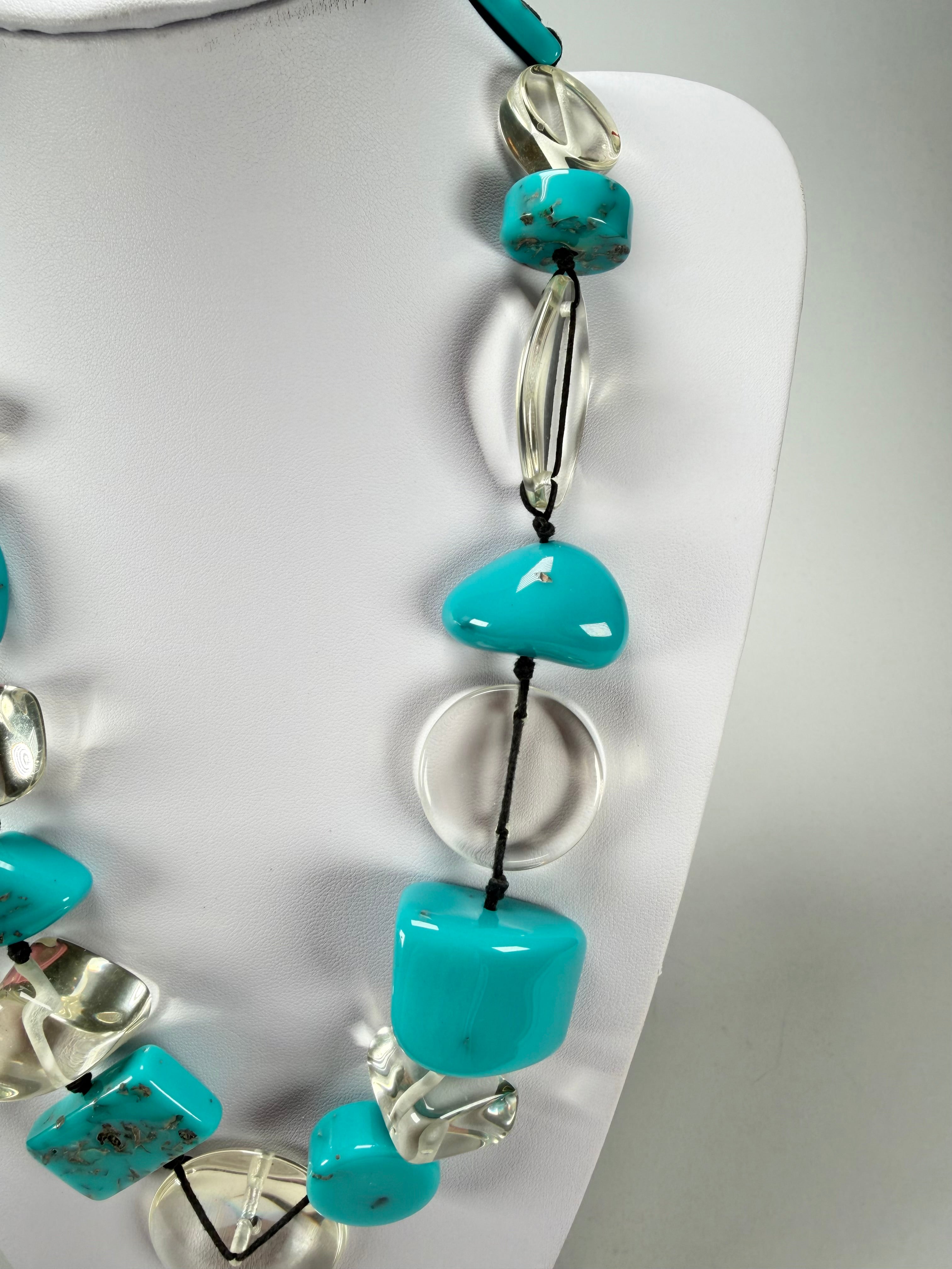 Jackie Brazil "Indiana" Turquoise & Transparent Multi-Bead Medium Resin 70cm Necklace ( N0033 )