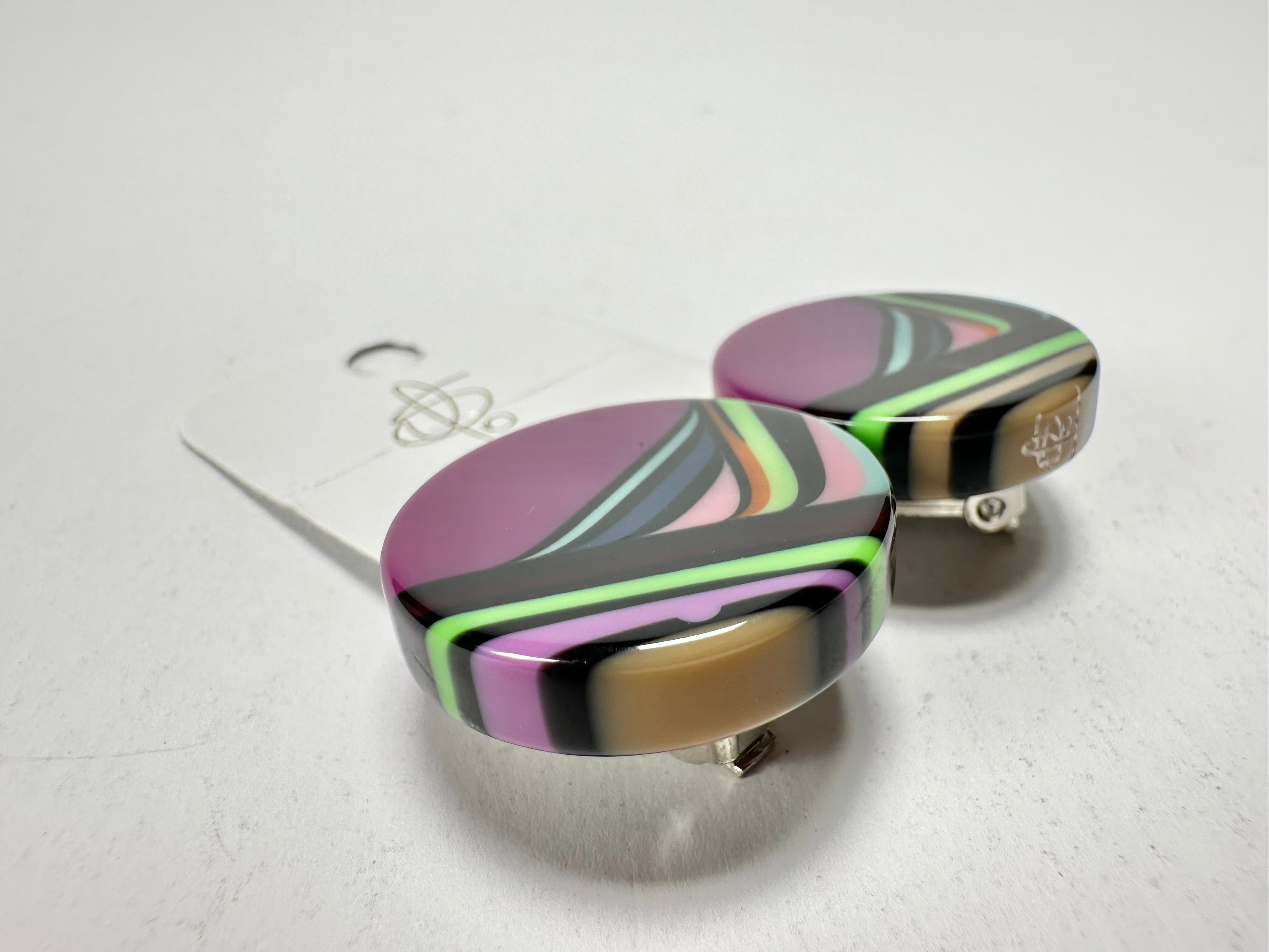 Jackie Brazil "Aida" Purple Swirls Round Clip On Resin Earrings ( E3174 )