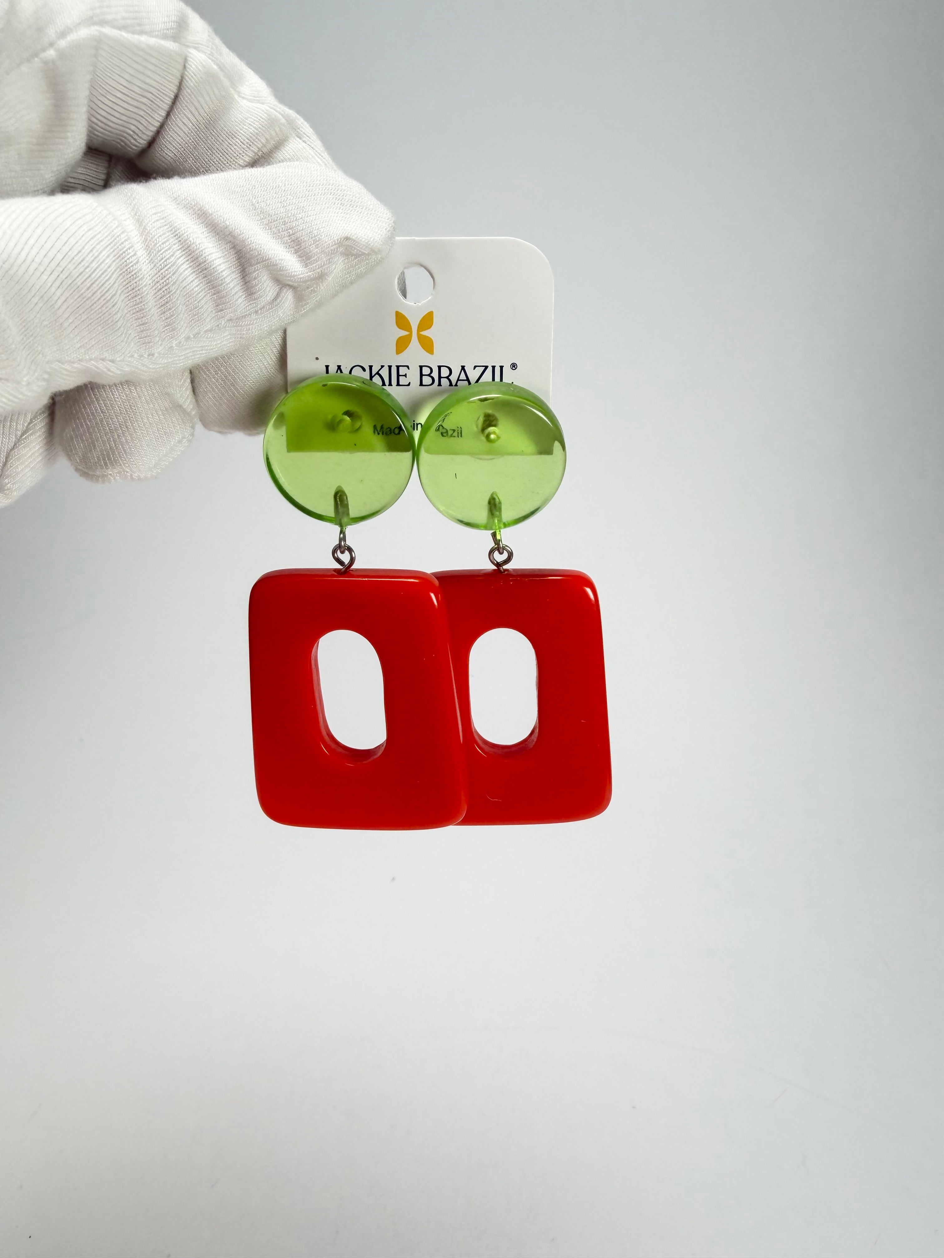 Jackie Brazil "Ruth" Red and Transparent Green Trapez On Pin Resin Earrings ( E0010 )