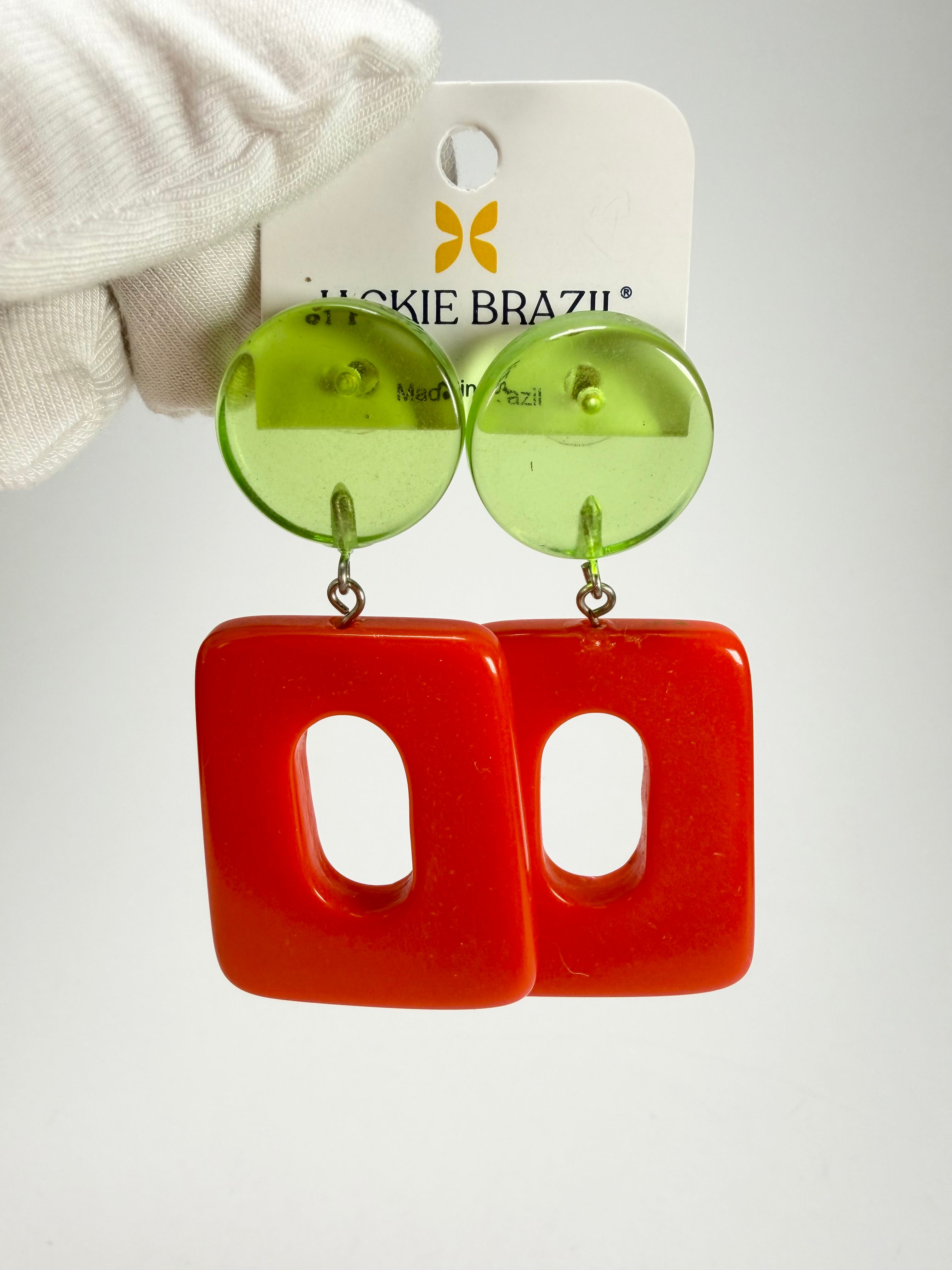 Jackie Brazil "Ruth" Red and Transparent Green Trapez On Pin Resin Earrings ( E0010 )