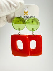 Jackie Brazil "Ruth" Red and Transparent Green Trapez On Pin Resin Earrings ( E0010 )