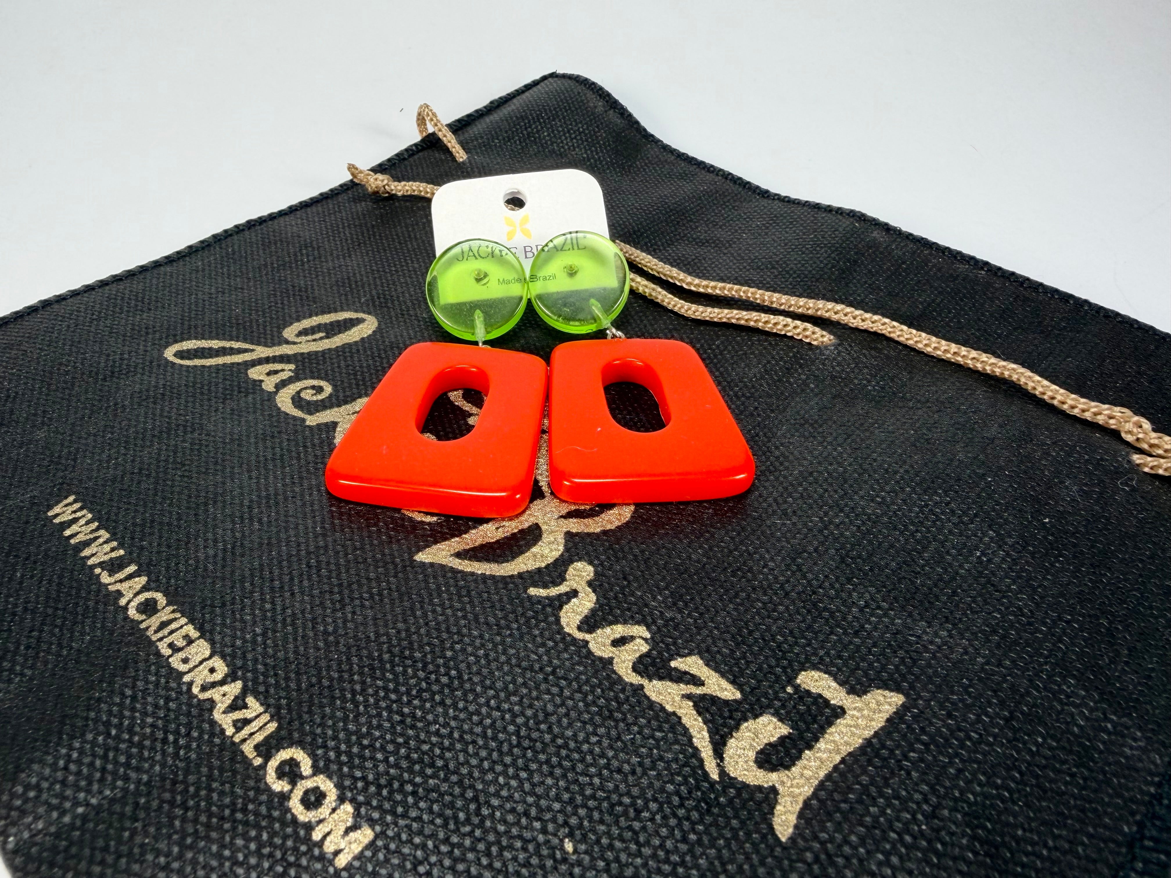 Jackie Brazil "Ruth" Red and Transparent Green Trapez On Pin Resin Earrings ( E0010 )