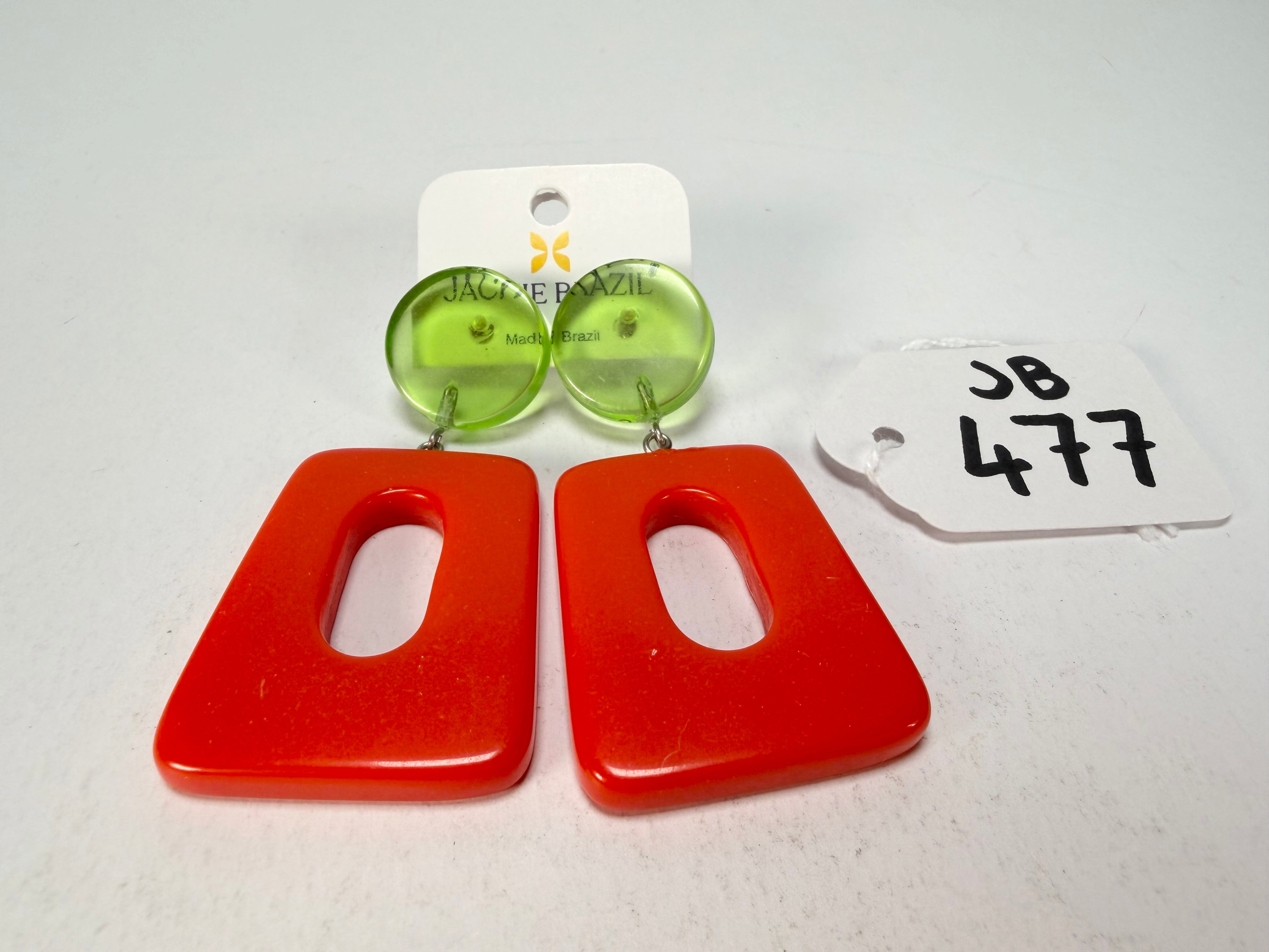 Jackie Brazil "Ruth" Red and Transparent Green Trapez On Pin Resin Earrings ( E0010 )