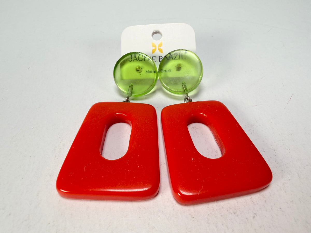 Jackie Brazil "Ruth" Red and Transparent Green Trapez On Pin Resin Earrings ( E0010 )