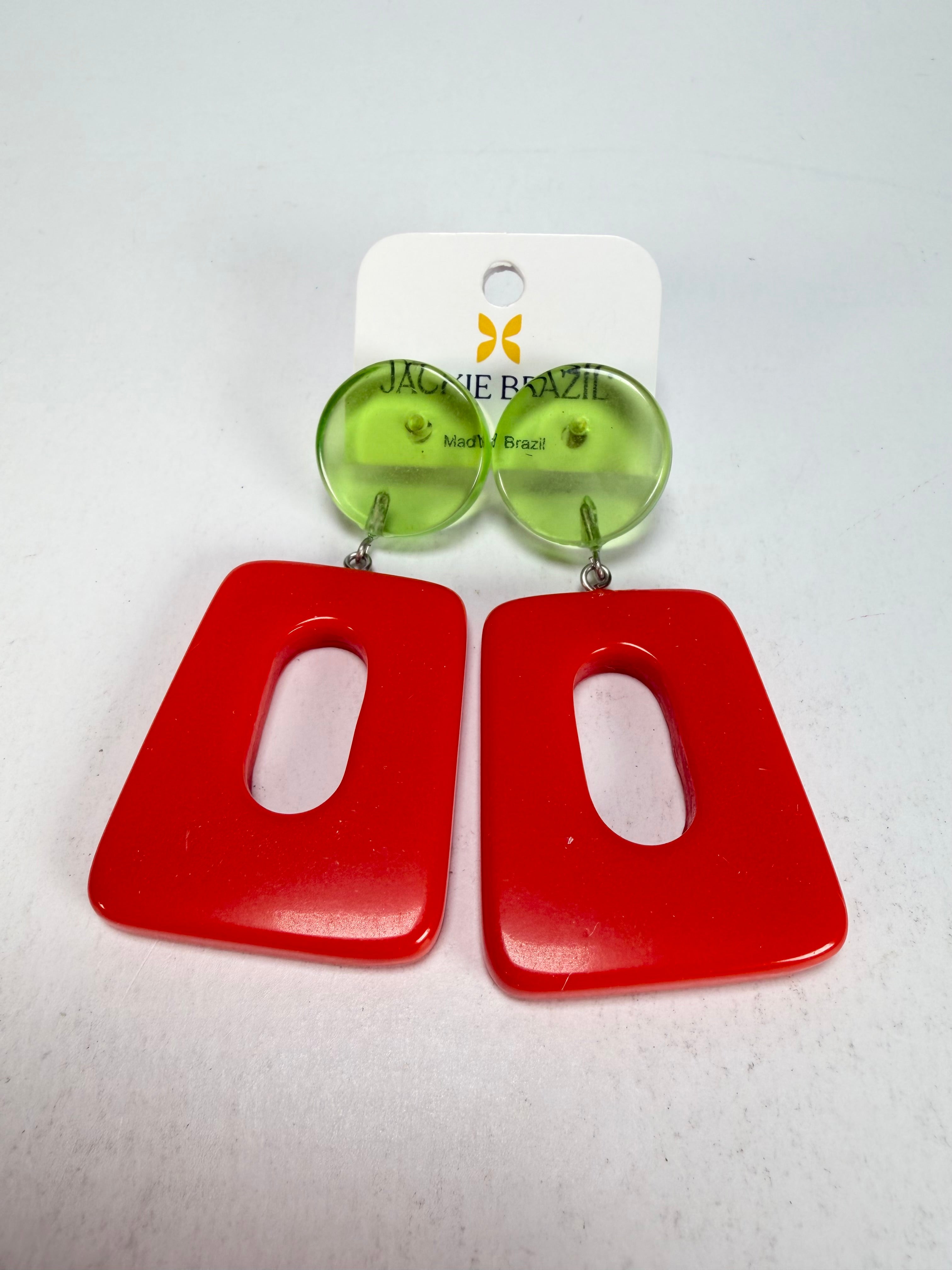 Jackie Brazil "Ruth" Red and Transparent Green Trapez On Pin Resin Earrings ( E0010 )