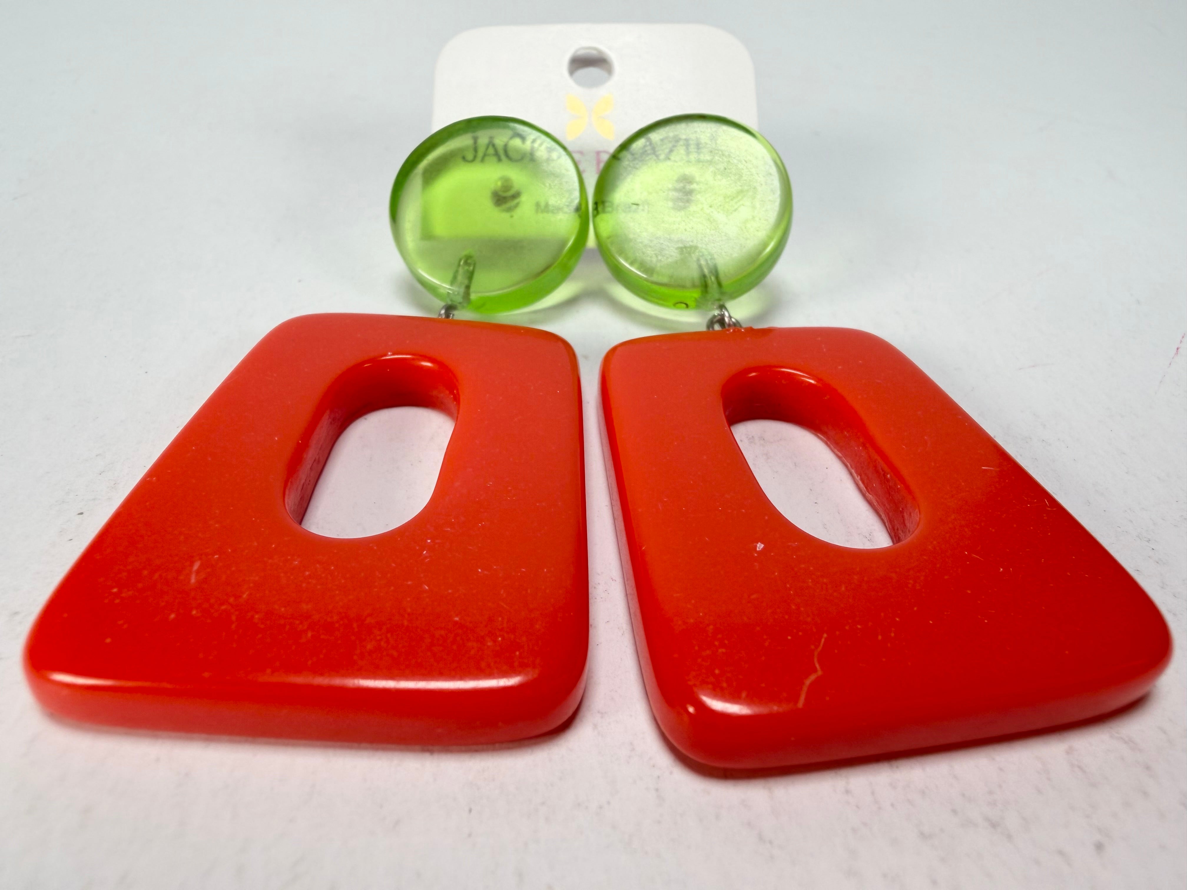 Jackie Brazil "Ruth" Red and Transparent Green Trapez On Pin Resin Earrings ( E0010 )