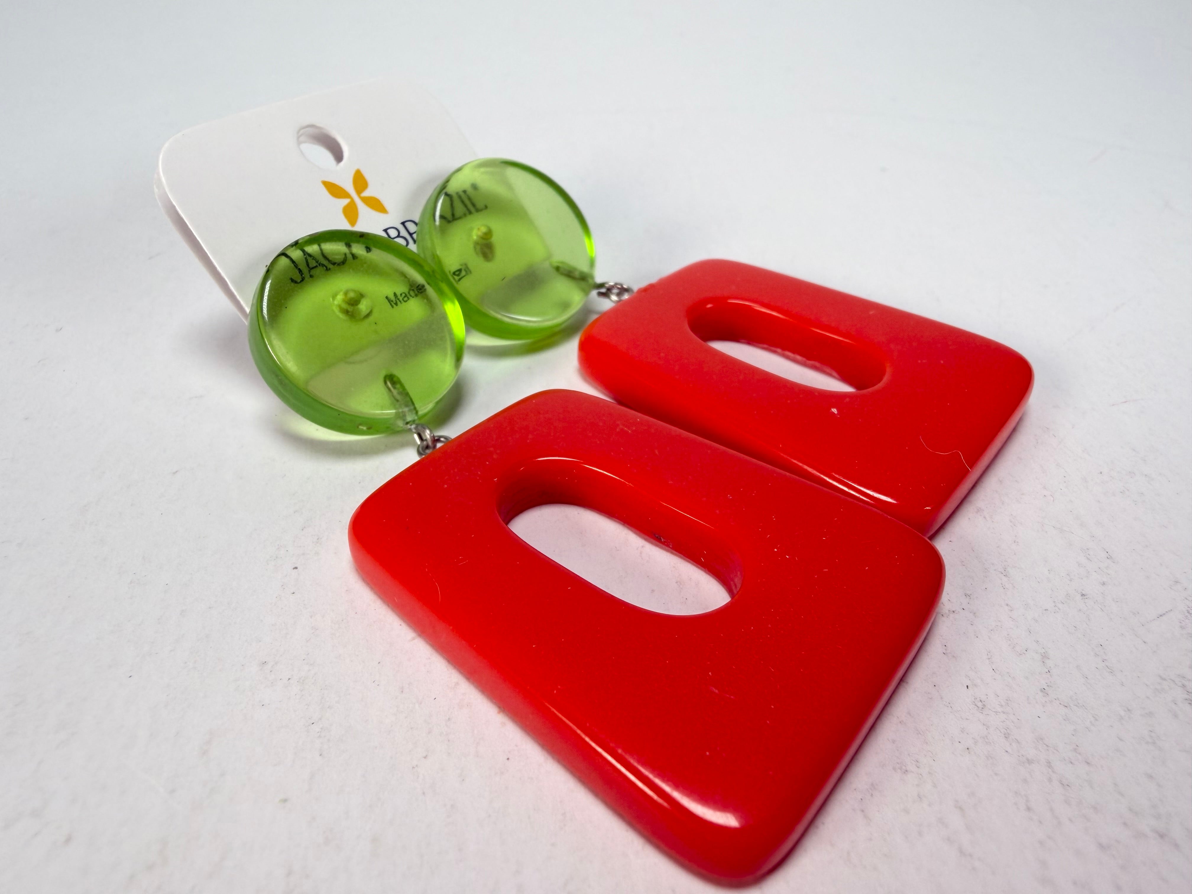 Jackie Brazil "Ruth" Red and Transparent Green Trapez On Pin Resin Earrings ( E0010 )