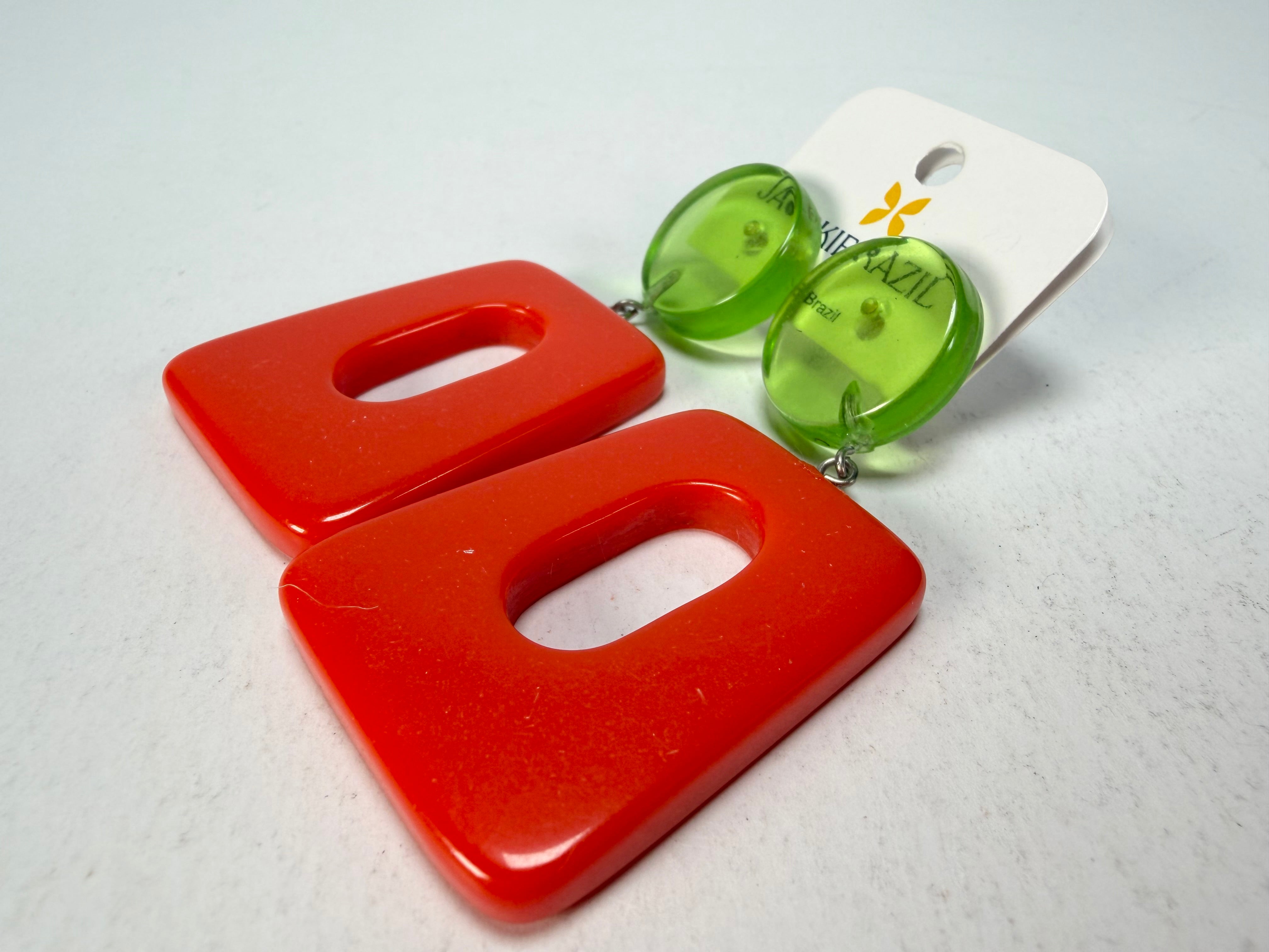 Jackie Brazil "Ruth" Red and Transparent Green Trapez On Pin Resin Earrings ( E0010 )