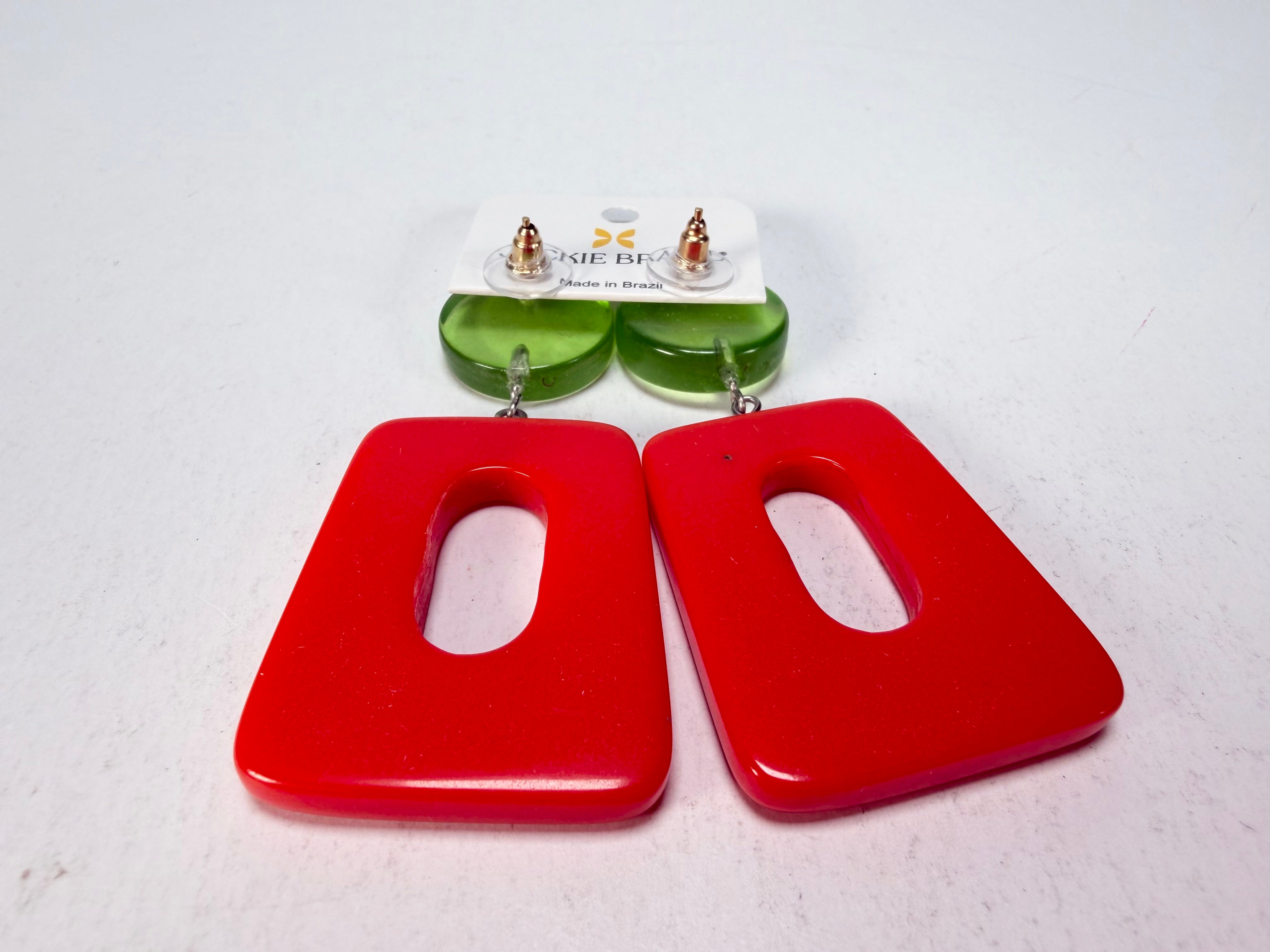 Jackie Brazil "Ruth" Red and Transparent Green Trapez On Pin Resin Earrings ( E0010 )