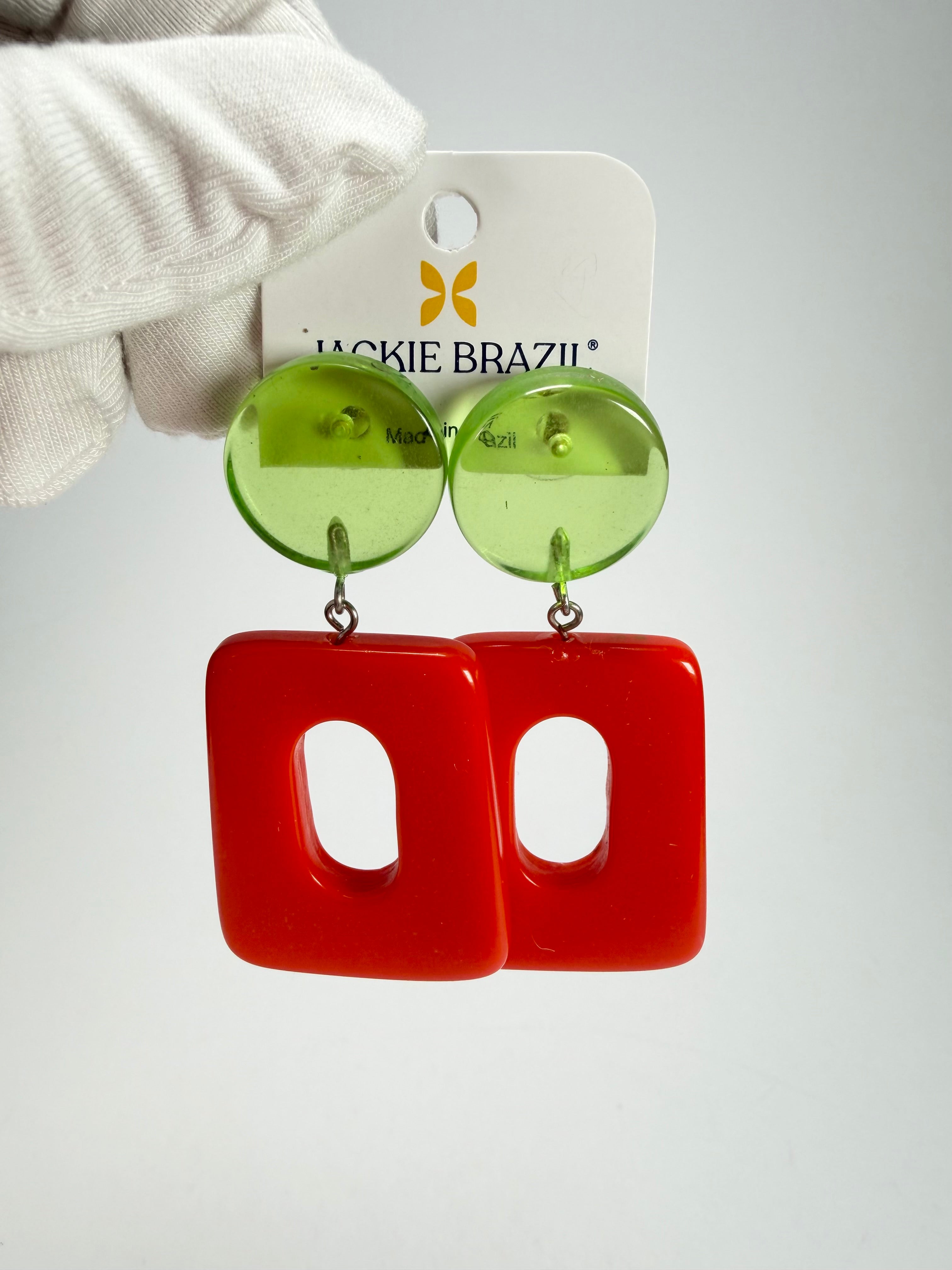 Jackie Brazil "Ruth" Red and Transparent Green Trapez On Pin Resin Earrings ( E0010 )