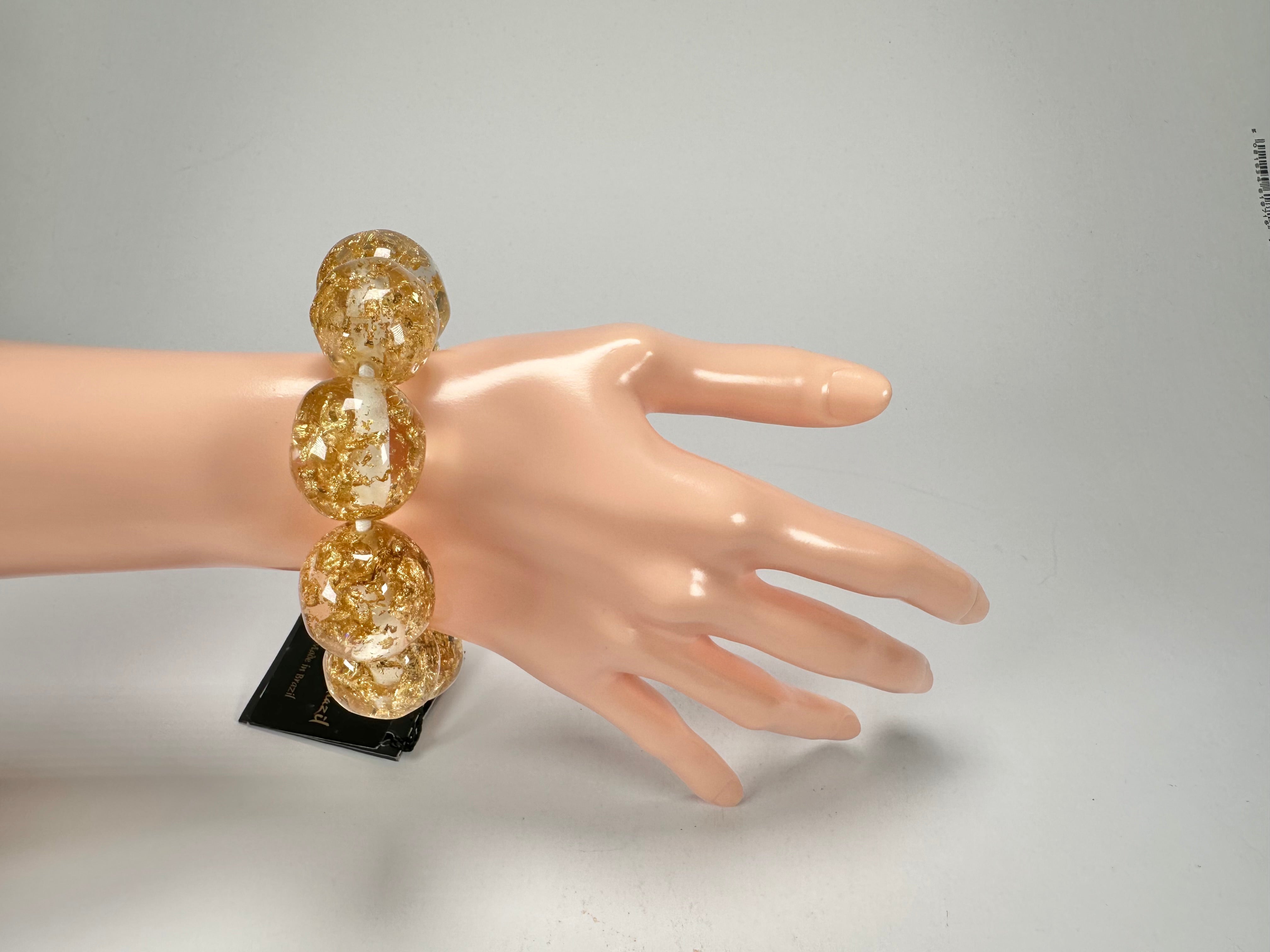 Jackie Brazil "Pebbles On Elastic" Gold Flakes Resin Bracelet ( B2693 )