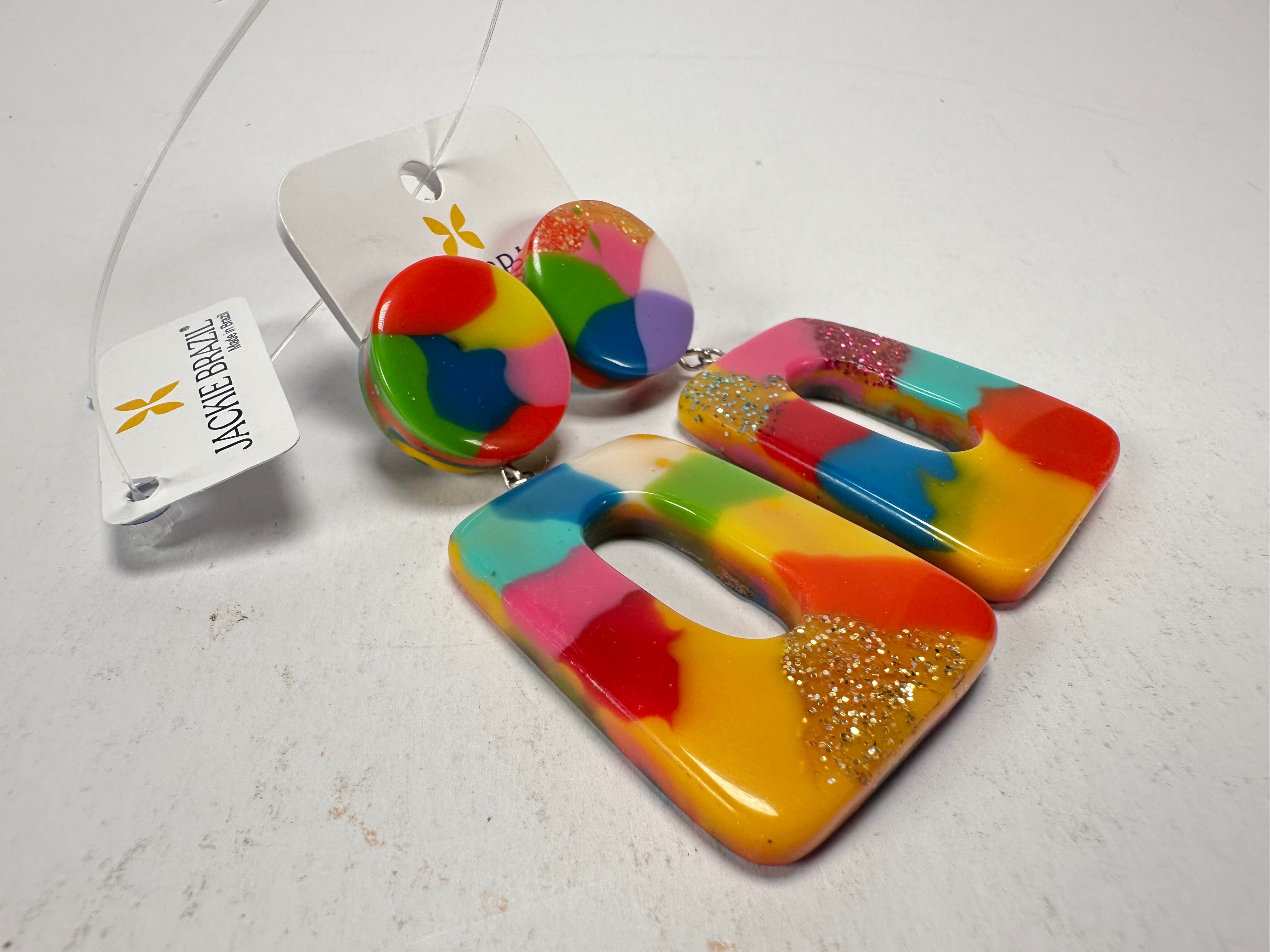 Jackie Brazil "Ruth" Kandinsky Trapez On Pin Resin Earrings ( E0010 )