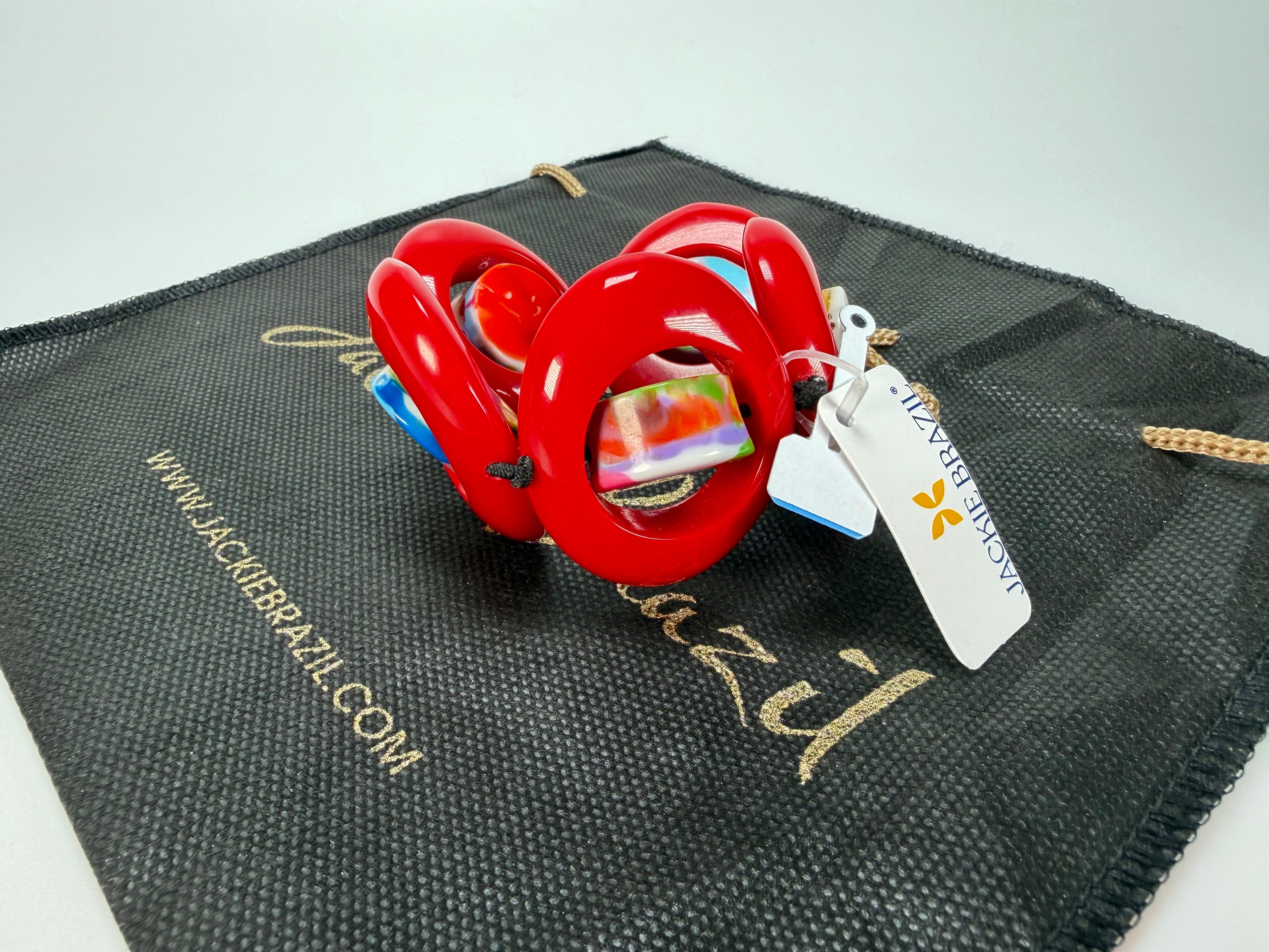 Jackie Brazil "Saturn" Red Gloss Kandinsky Disc & Cylinder Elastic Bracelet ( B0060 )