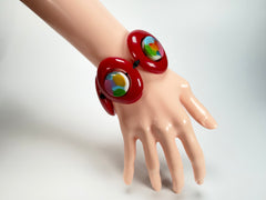 Jackie Brazil "Saturn" Red Gloss Kandinsky Disc & Cylinder Elastic Bracelet ( B0060 )