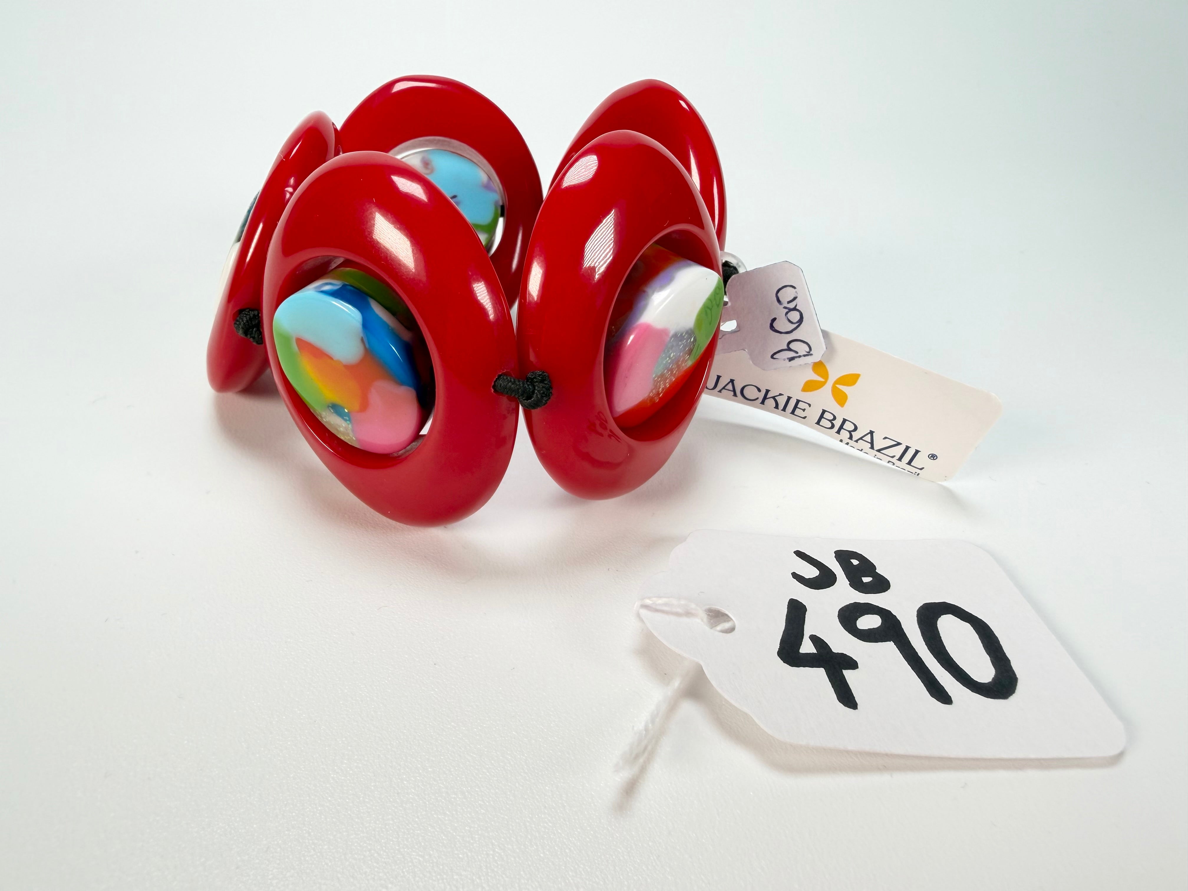 Jackie Brazil "Saturn" Red Gloss Kandinsky Disc & Cylinder Elastic Bracelet ( B0060 )