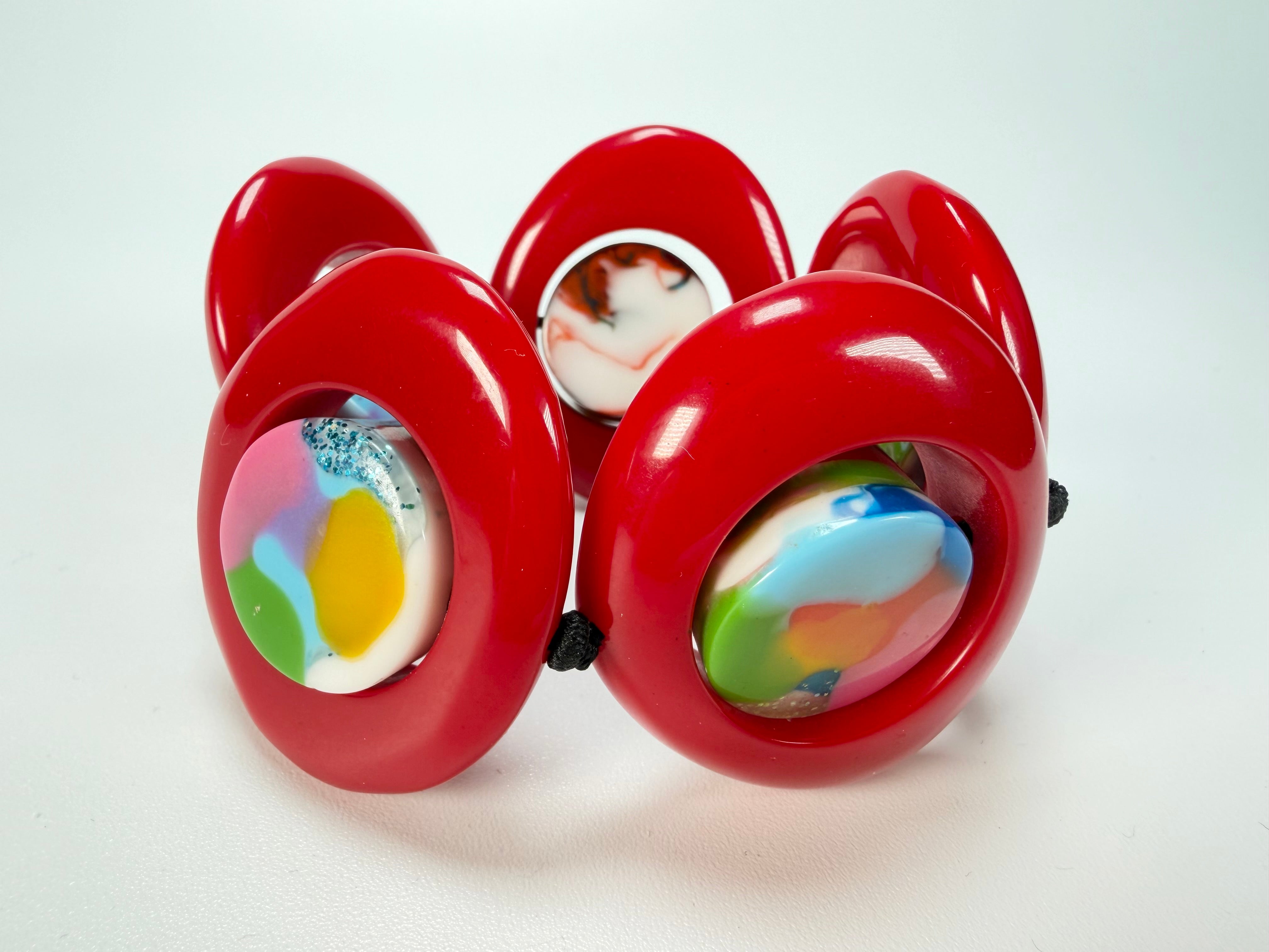 Jackie Brazil "Saturn" Red Gloss Kandinsky Disc & Cylinder Elastic Bracelet ( B0060 )