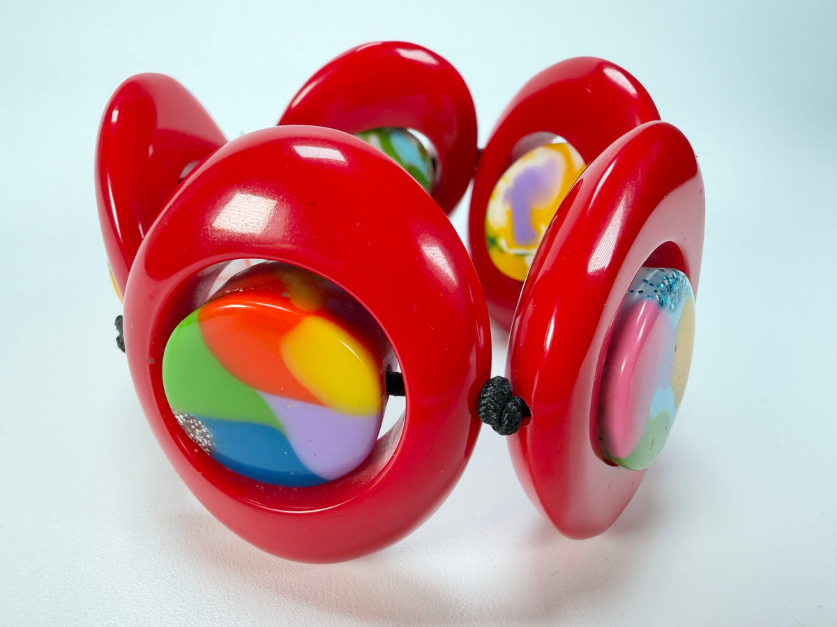 Jackie Brazil "Saturn" Red Gloss Kandinsky Disc & Cylinder Elastic Bracelet ( B0060 )