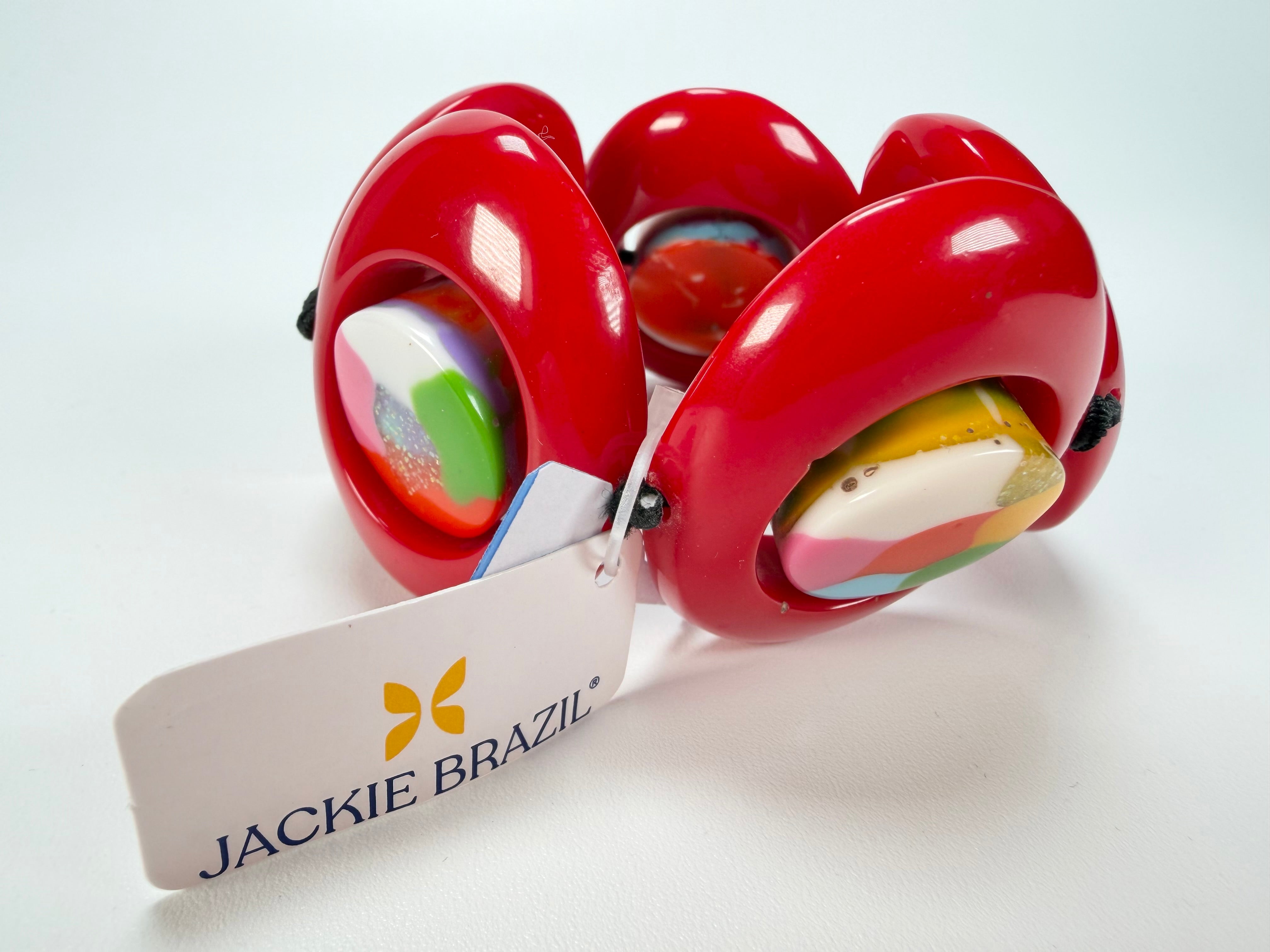 Jackie Brazil "Saturn" Red Gloss Kandinsky Disc & Cylinder Elastic Bracelet ( B0060 )