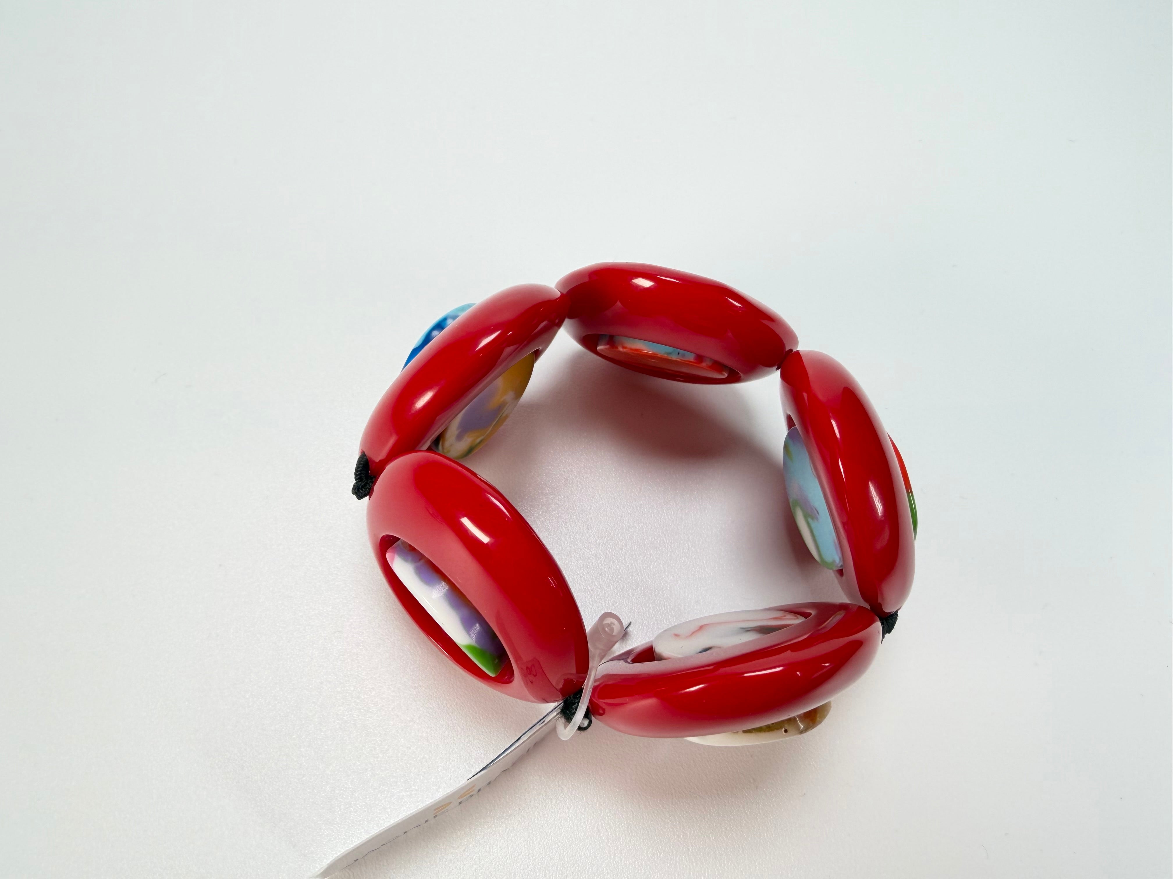 Jackie Brazil "Saturn" Red Gloss Kandinsky Disc & Cylinder Elastic Bracelet ( B0060 )