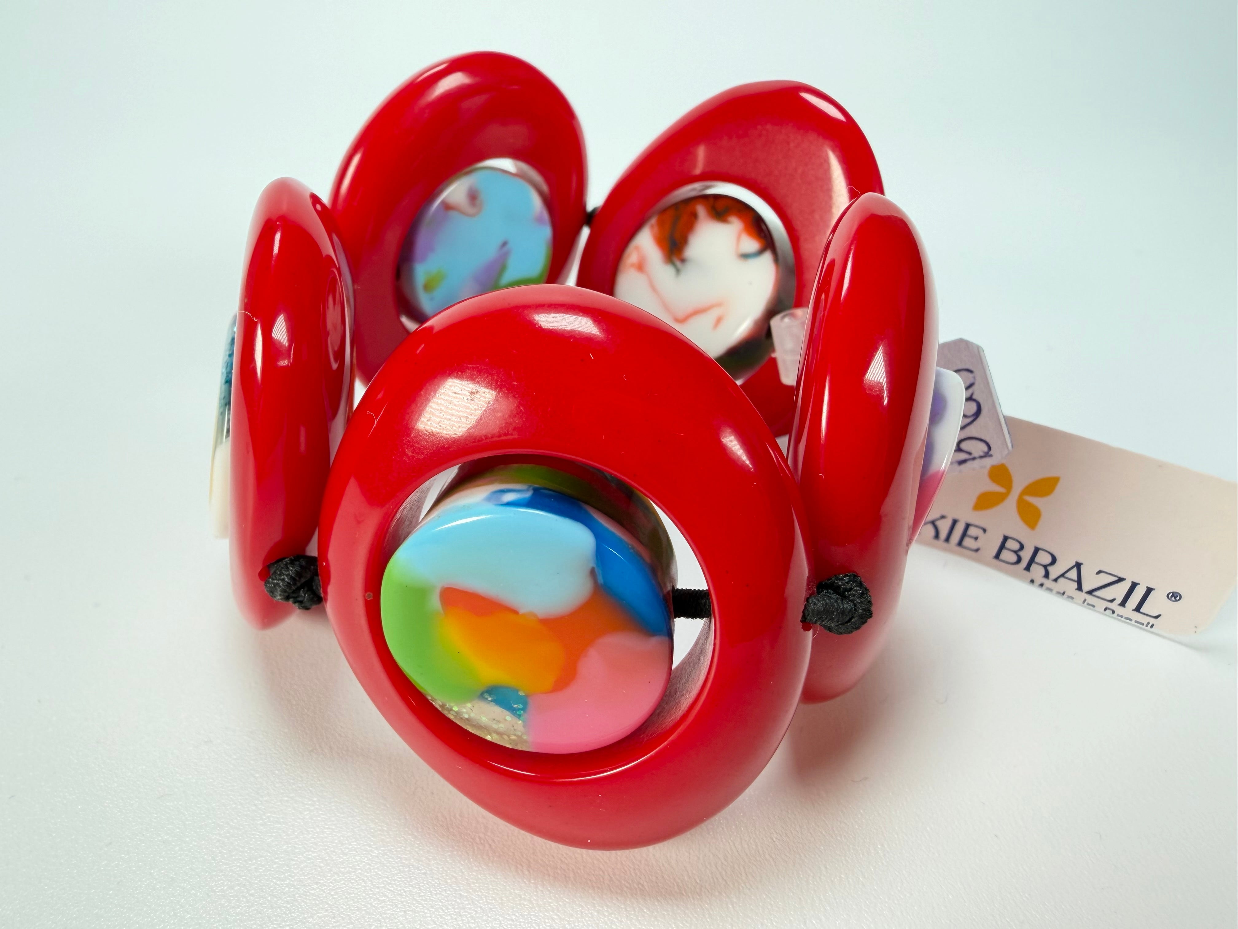 Jackie Brazil "Saturn" Red Gloss Kandinsky Disc & Cylinder Elastic Bracelet ( B0060 )