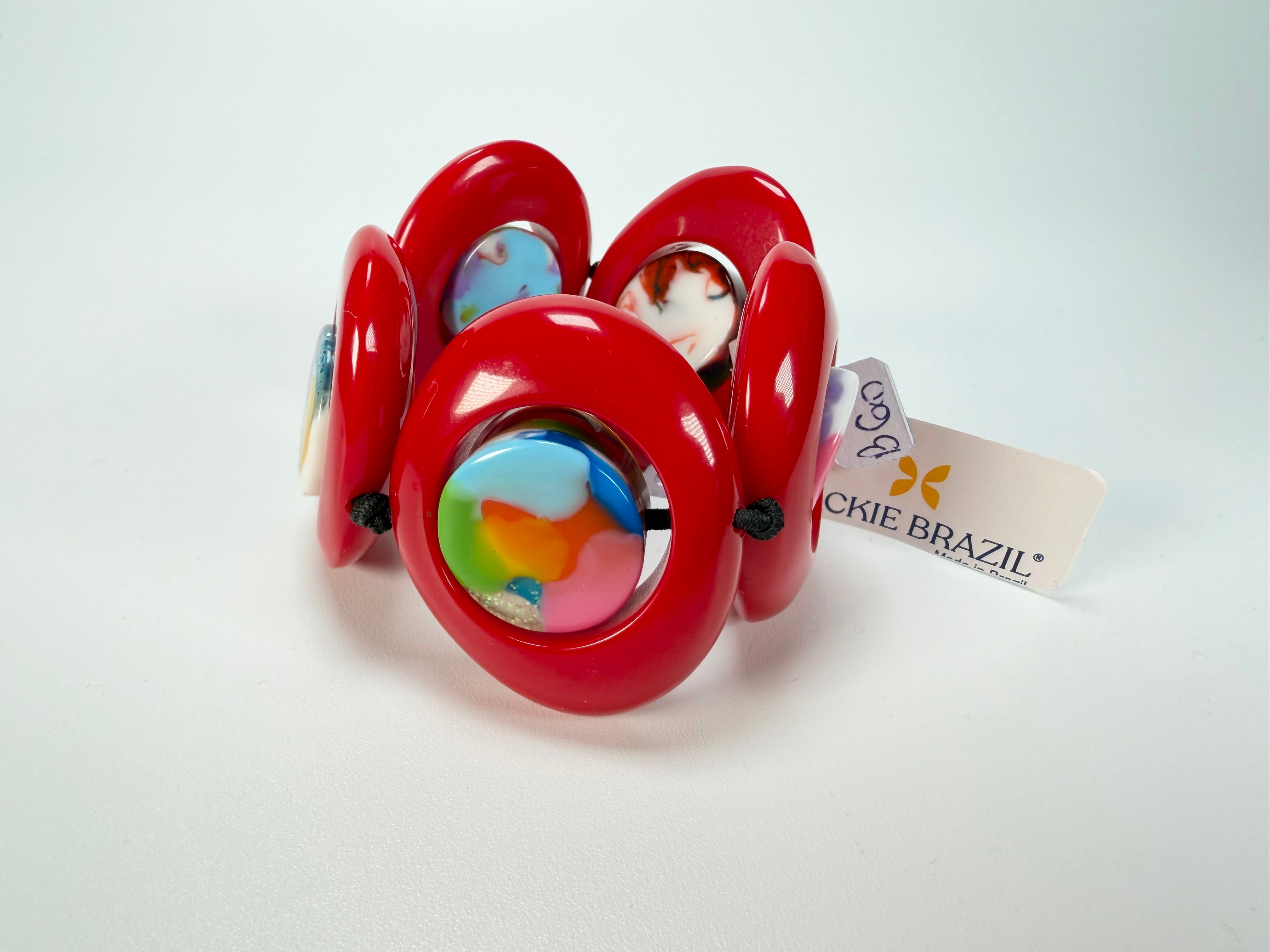 Jackie Brazil "Saturn" Red Gloss Kandinsky Disc & Cylinder Elastic Bracelet ( B0060 )