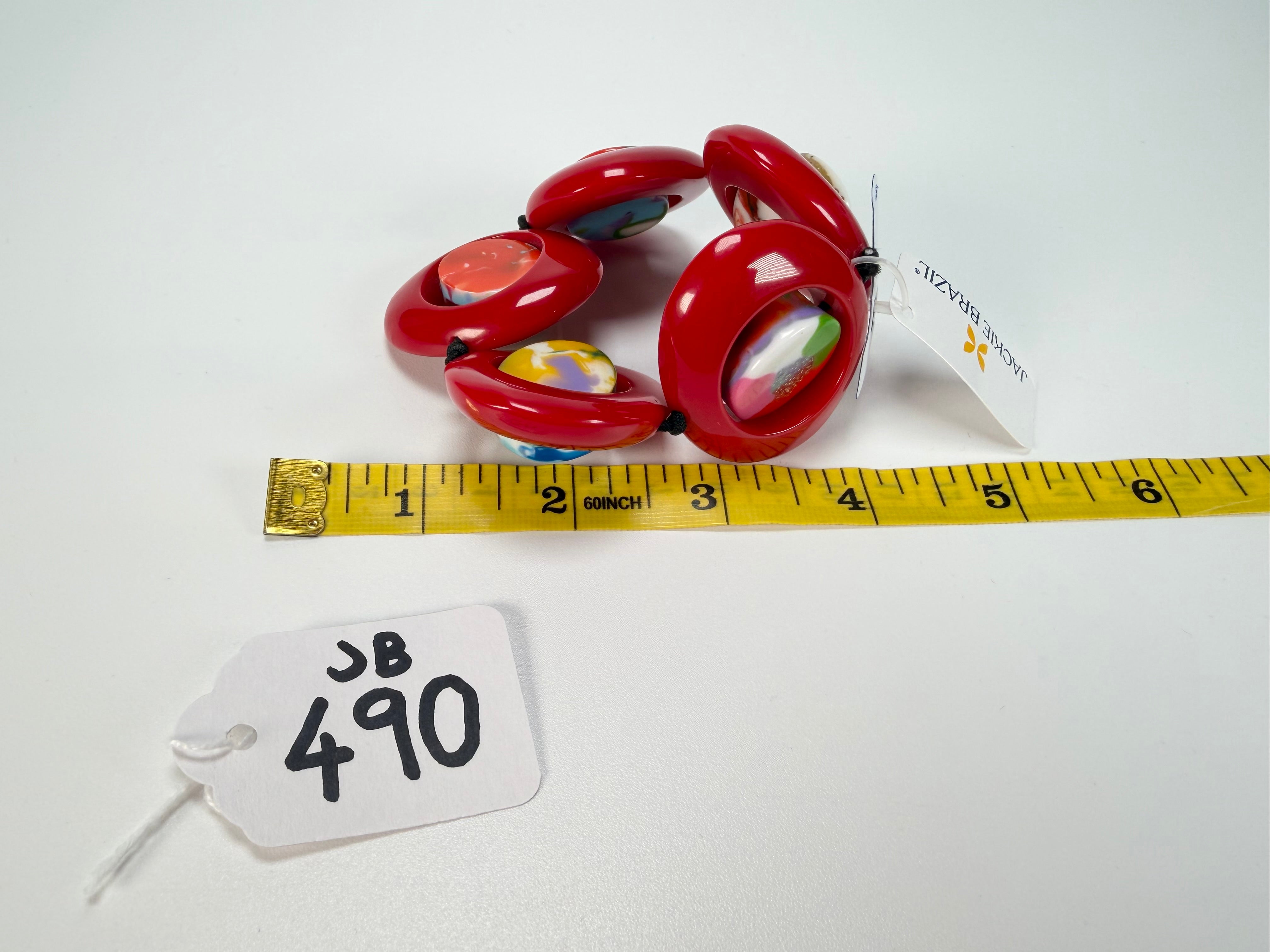 Jackie Brazil "Saturn" Red Gloss Kandinsky Disc & Cylinder Elastic Bracelet ( B0060 )