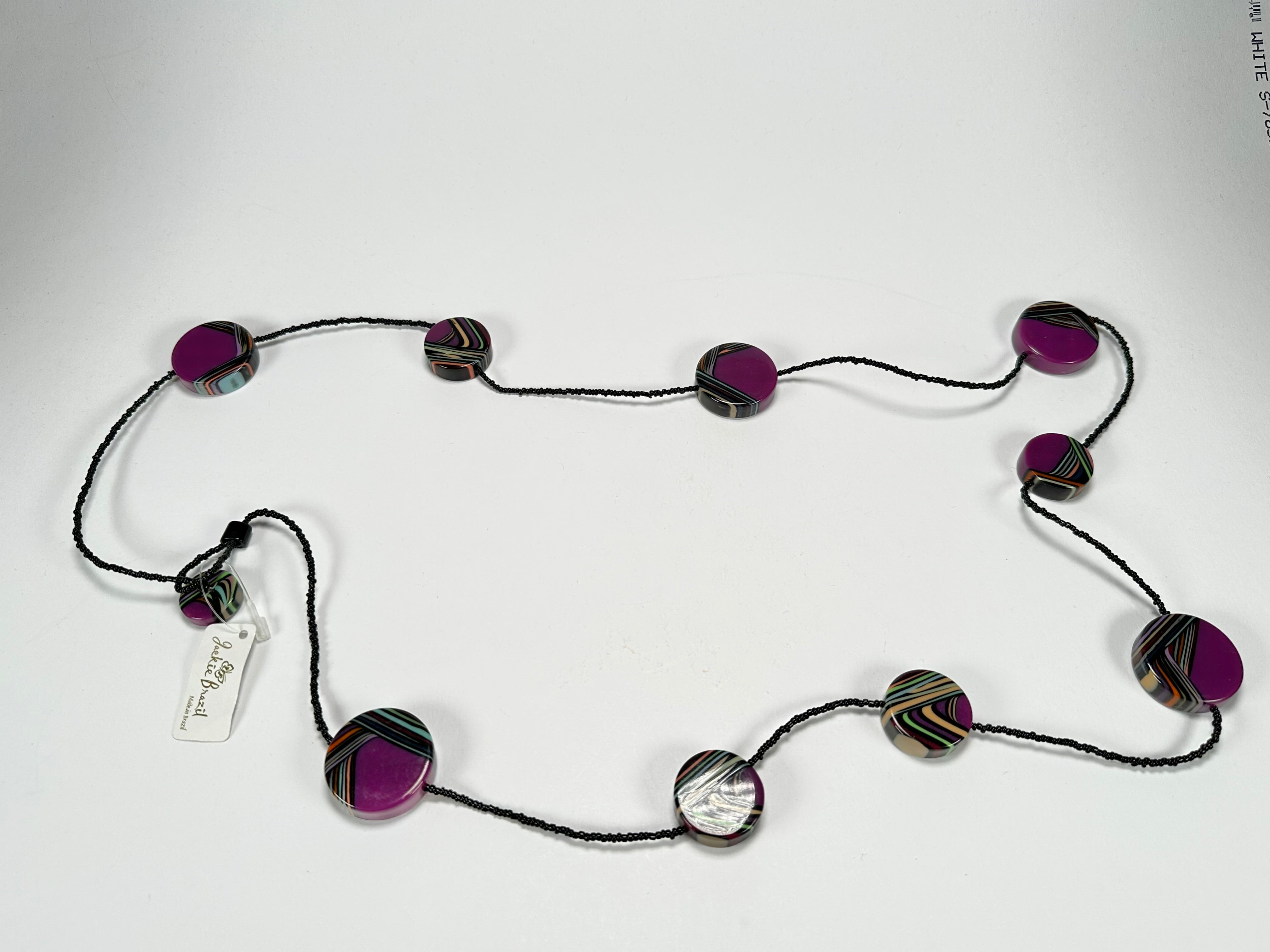 Jackie Brazil "Aida" Purple Swirls Discs With Beads Long Resin Necklace ( N3150 )