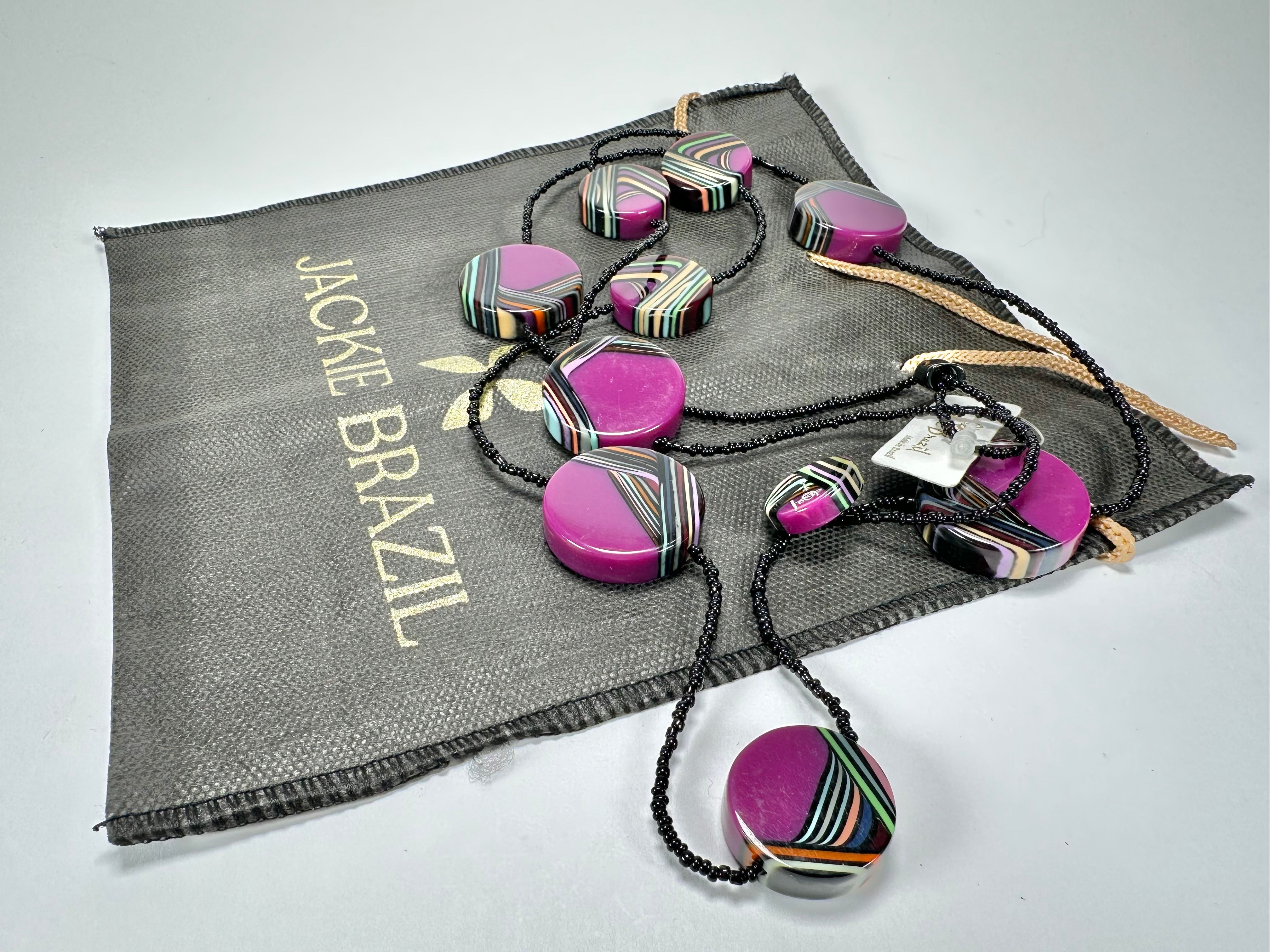 Jackie Brazil "Aida" Purple Swirls Discs With Beads Long Resin Necklace ( N3150 )