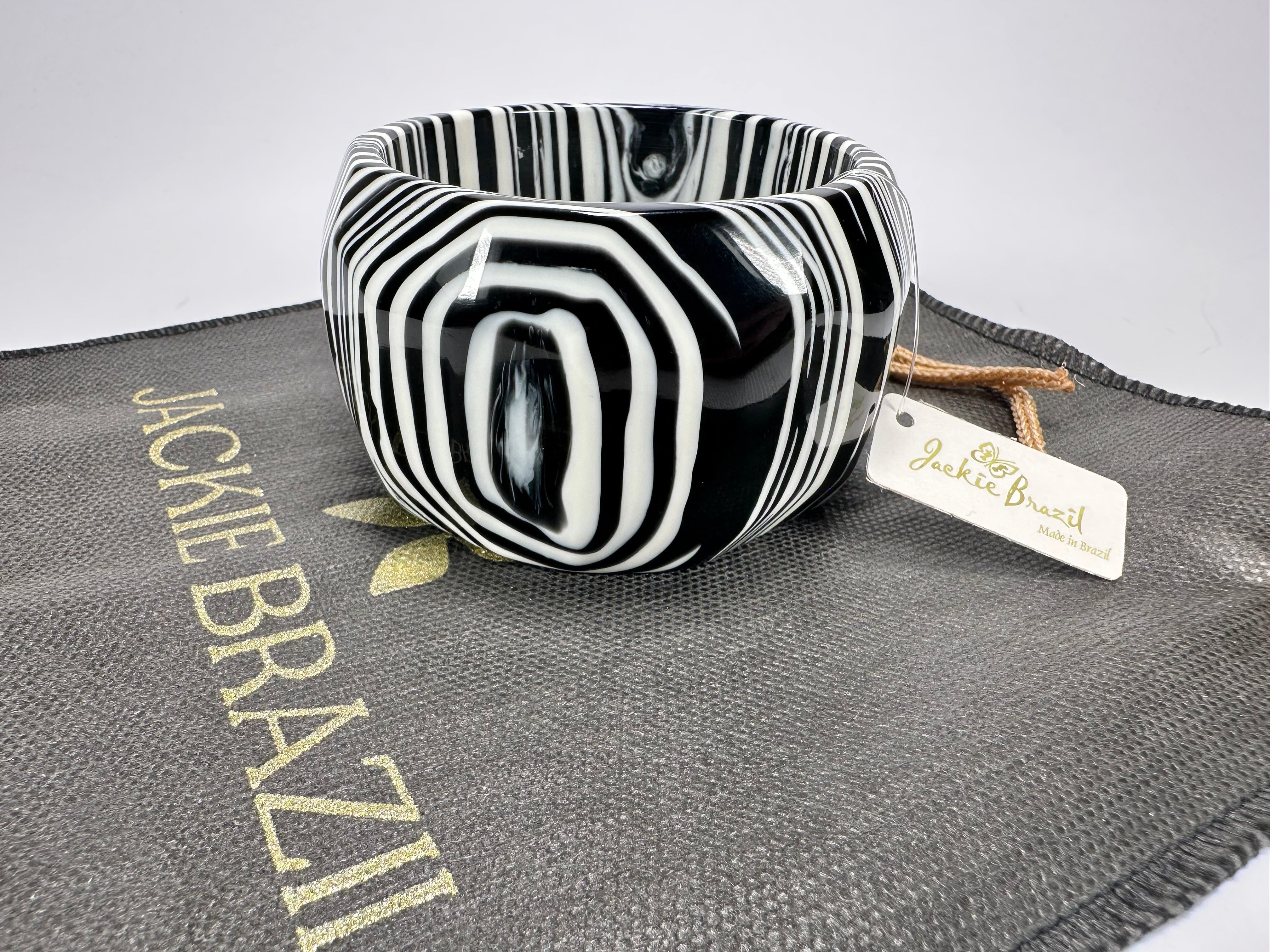 Jackie Brazil "Cat Eye" Liquorice Allsorts Black & White Striped 5cm Resin Bangle ( B2195 )