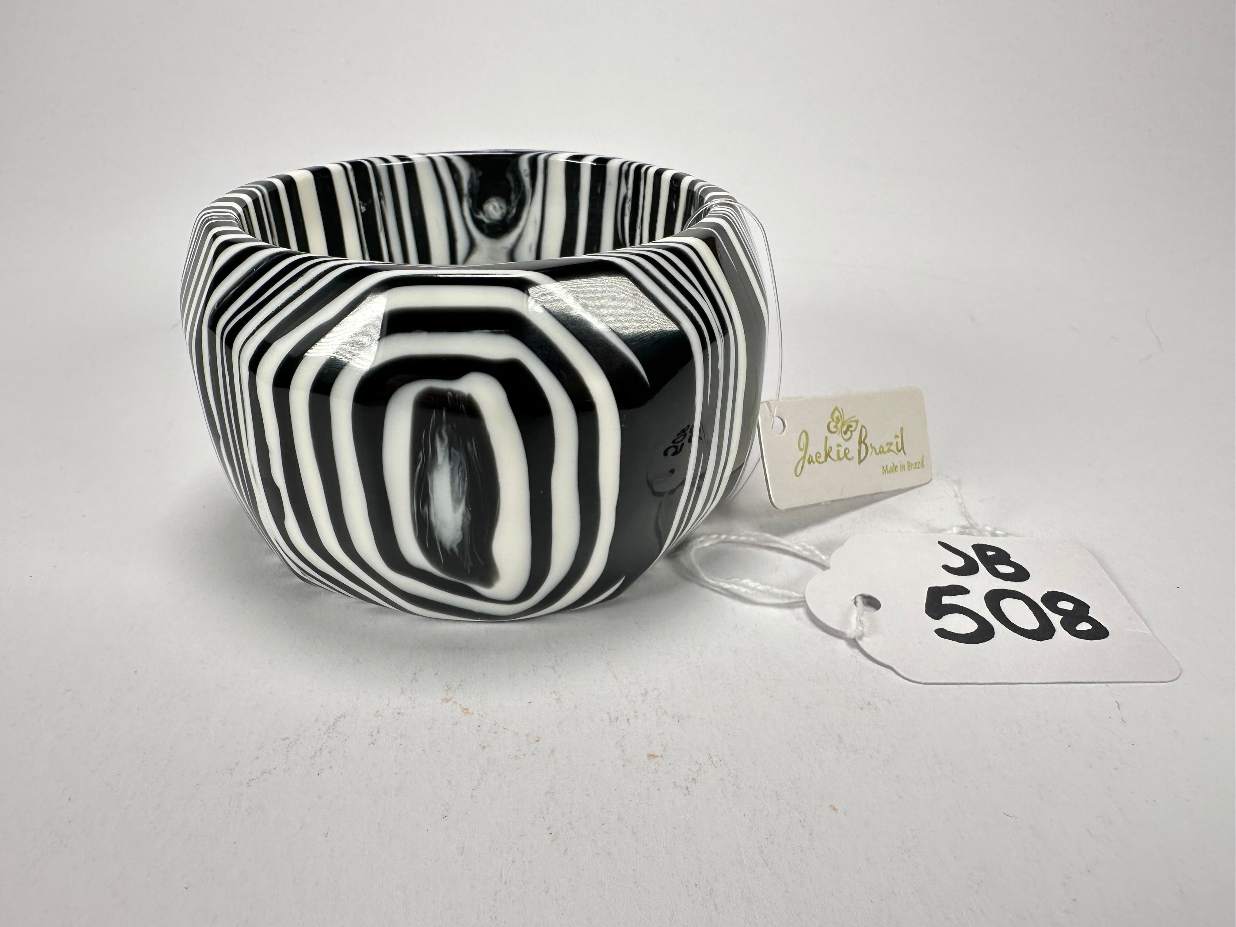 Jackie Brazil "Cat Eye" Liquorice Allsorts Black & White Striped 5cm Resin Bangle ( B2195 )