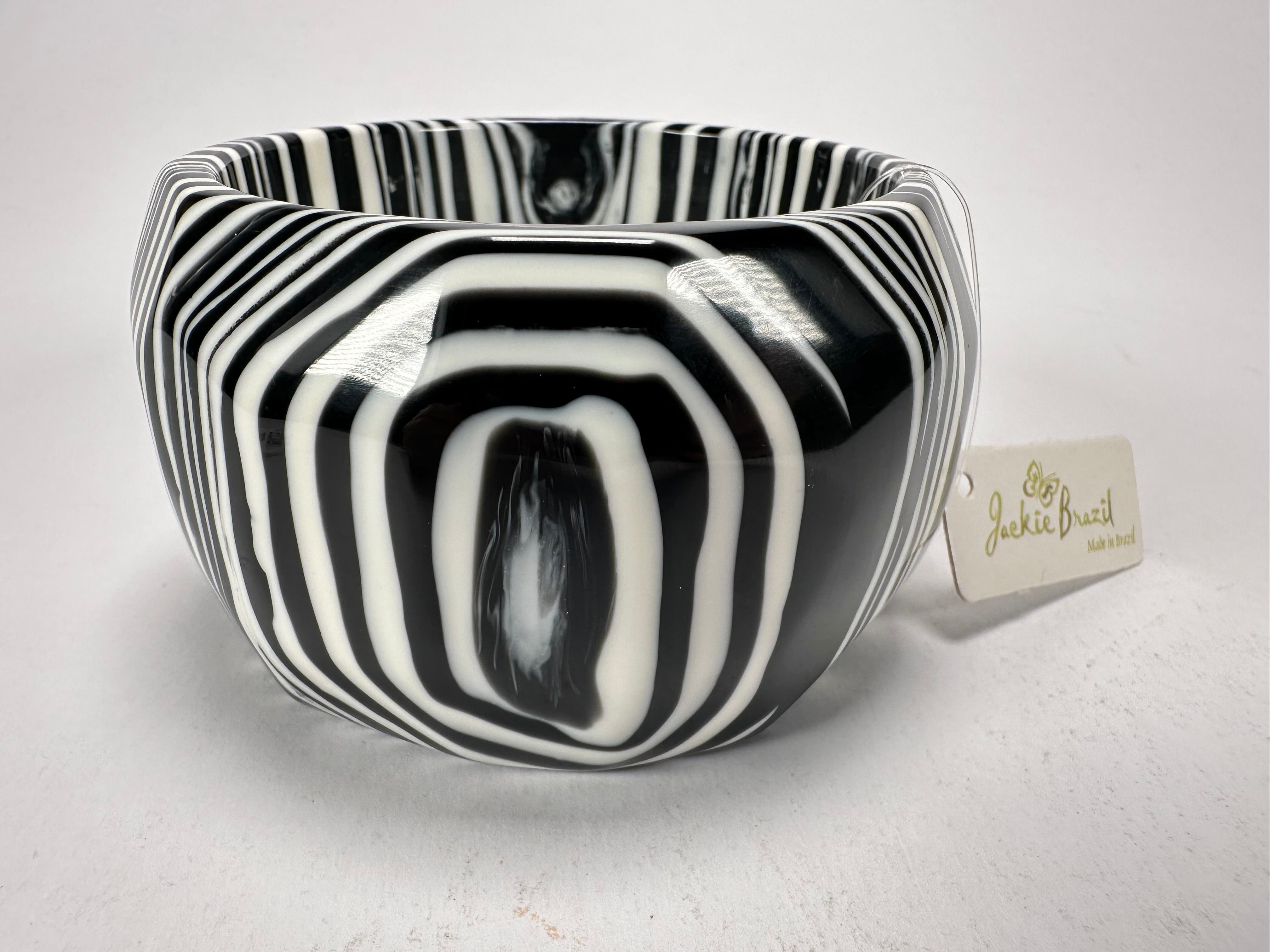 Jackie Brazil "Cat Eye" Liquorice Allsorts Black & White Striped 5cm Resin Bangle ( B2195 )