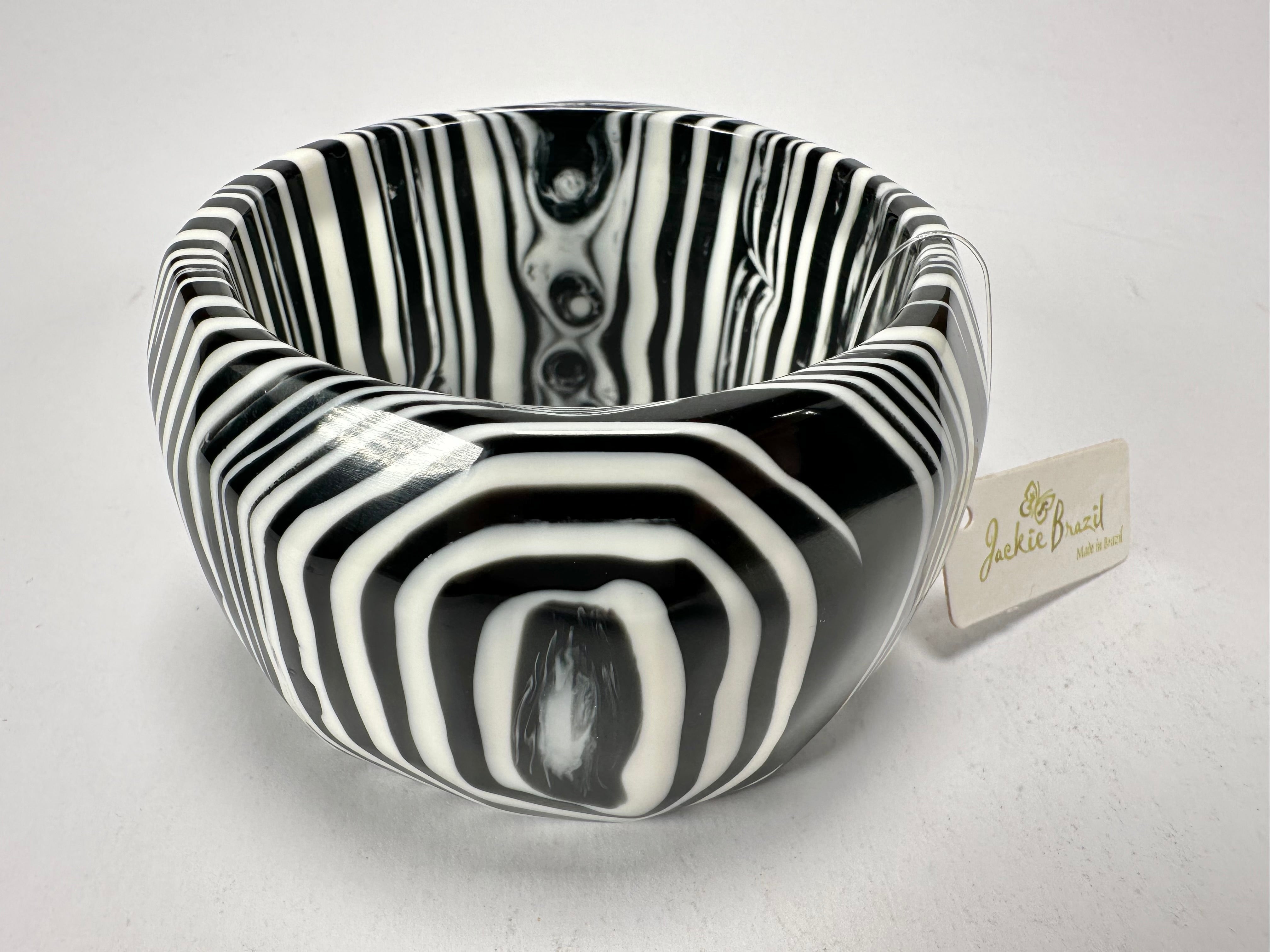 Jackie Brazil "Cat Eye" Liquorice Allsorts Black & White Striped 5cm Resin Bangle ( B2195 )