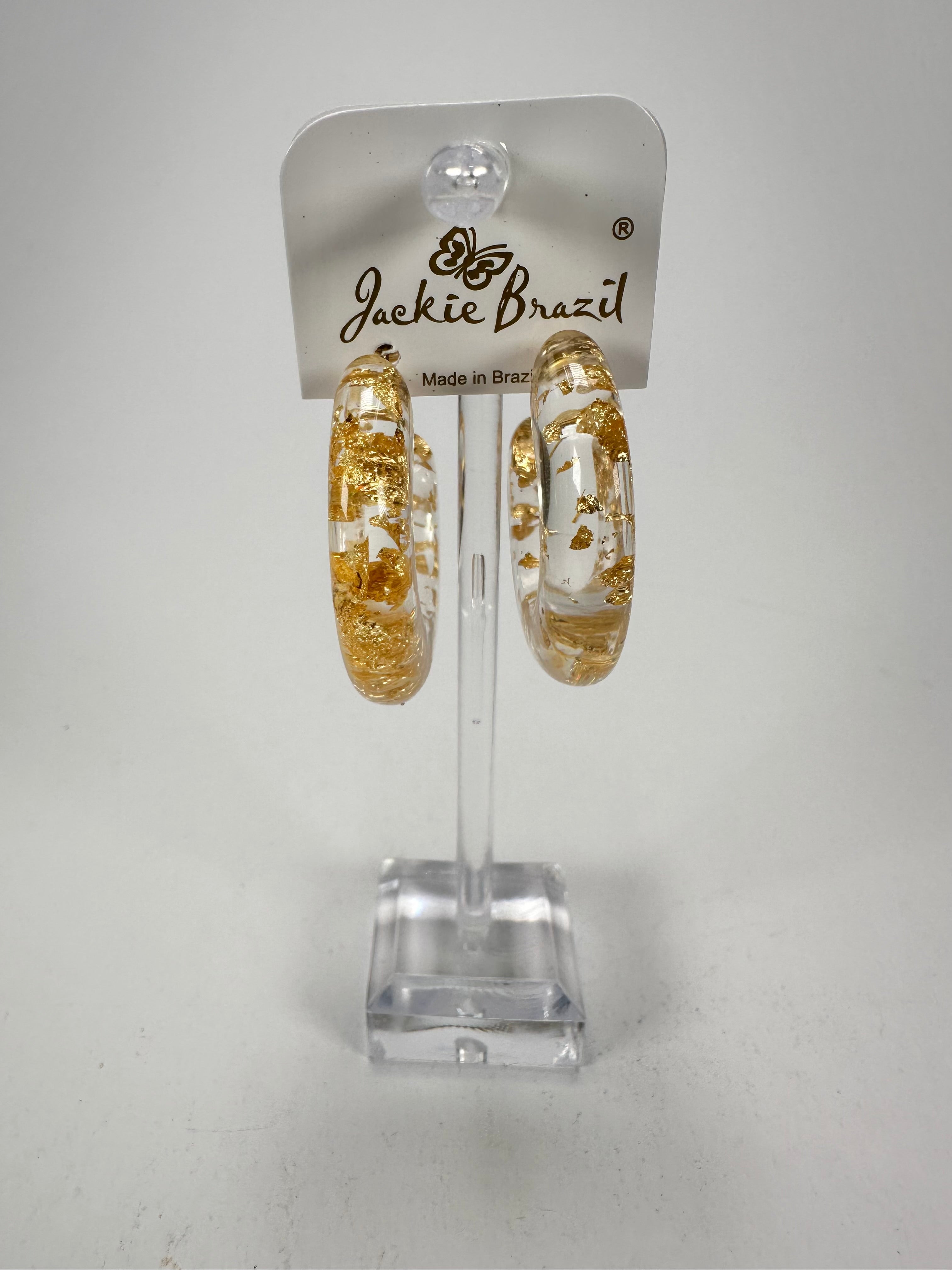 Jackie Brazil "Lucia" Gold Flakes Thick Half Hoop On Pin Resin Earrings ( E0035 )